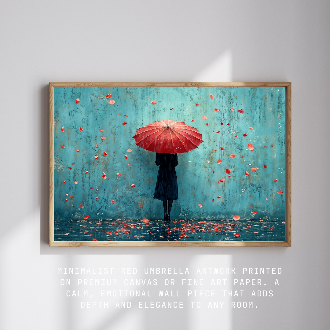 abstract rainy scene with red umbrella and turquoise background