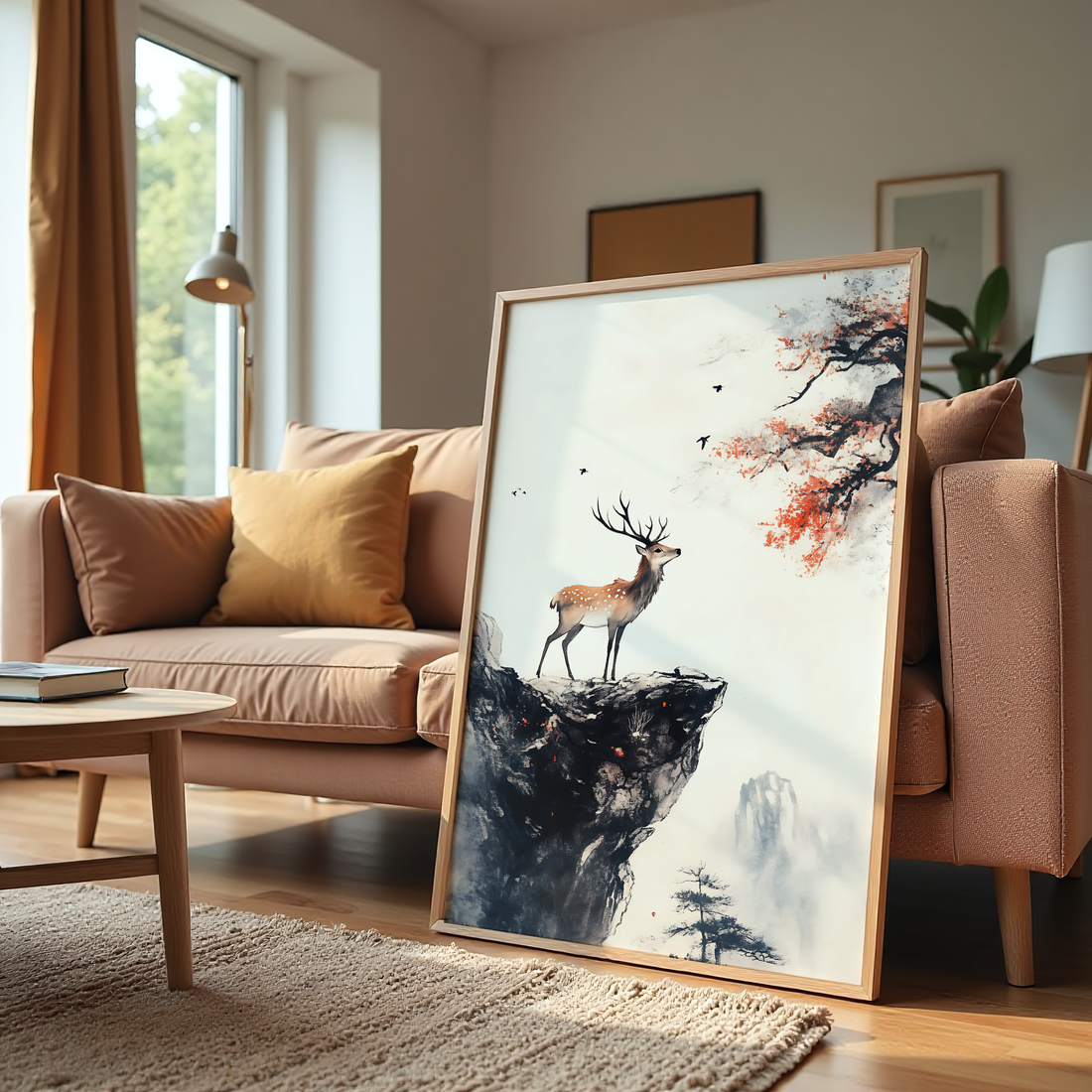 Minimalist stag ink style nature wall decor with autumn tree accents
