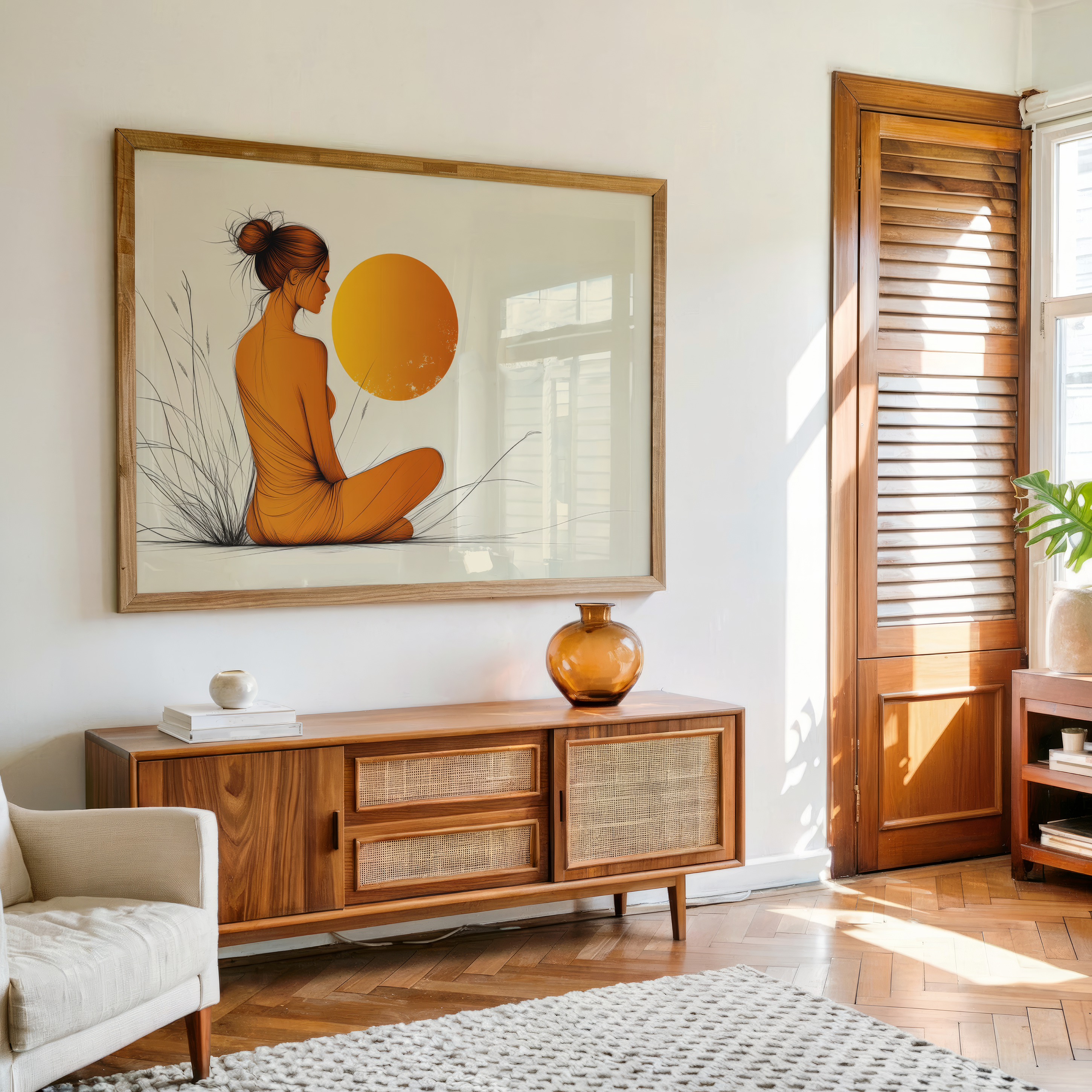 Minimalist woman silhouette with sun aesthetic wall art