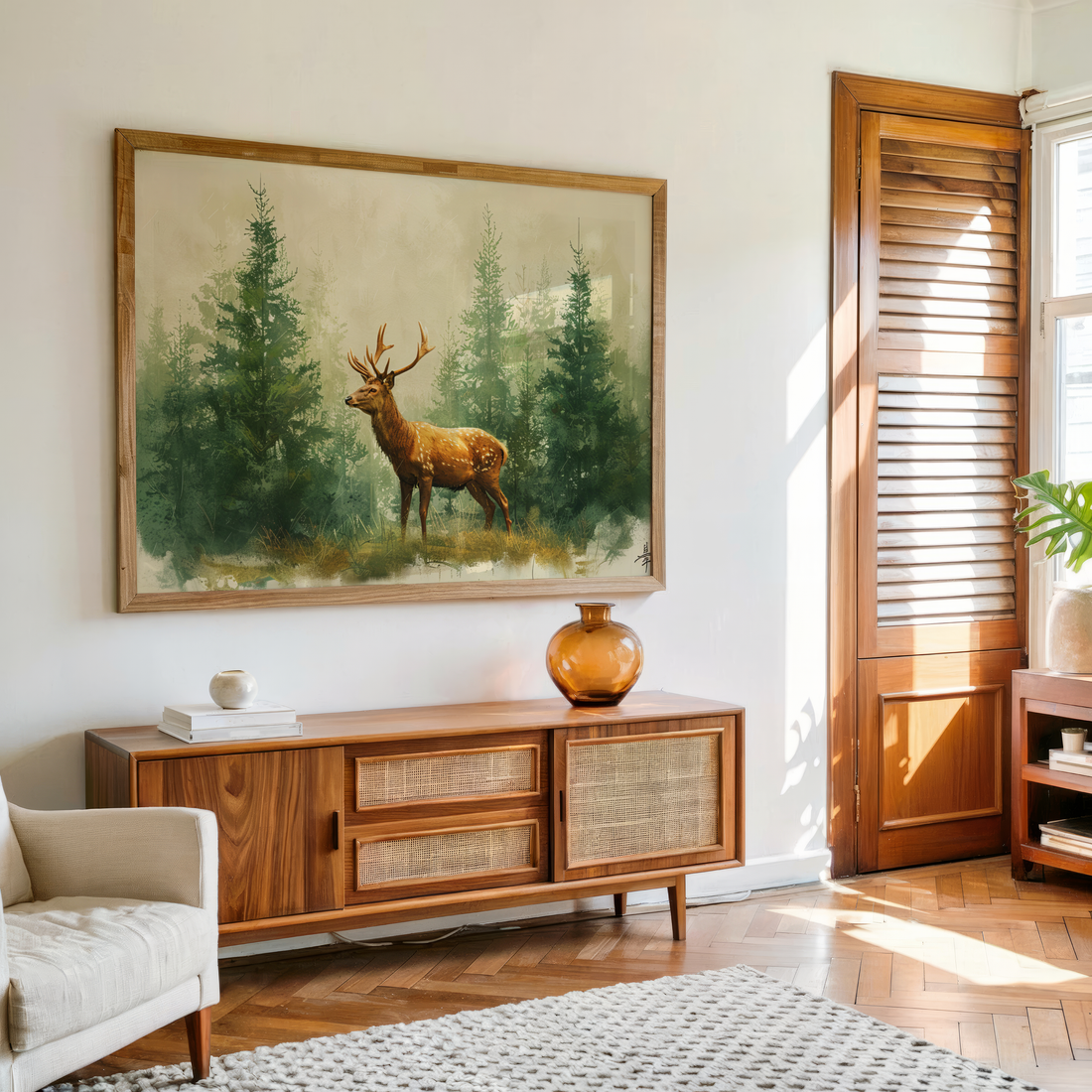 Misty forest deer wall art watercolor painting with soft green background