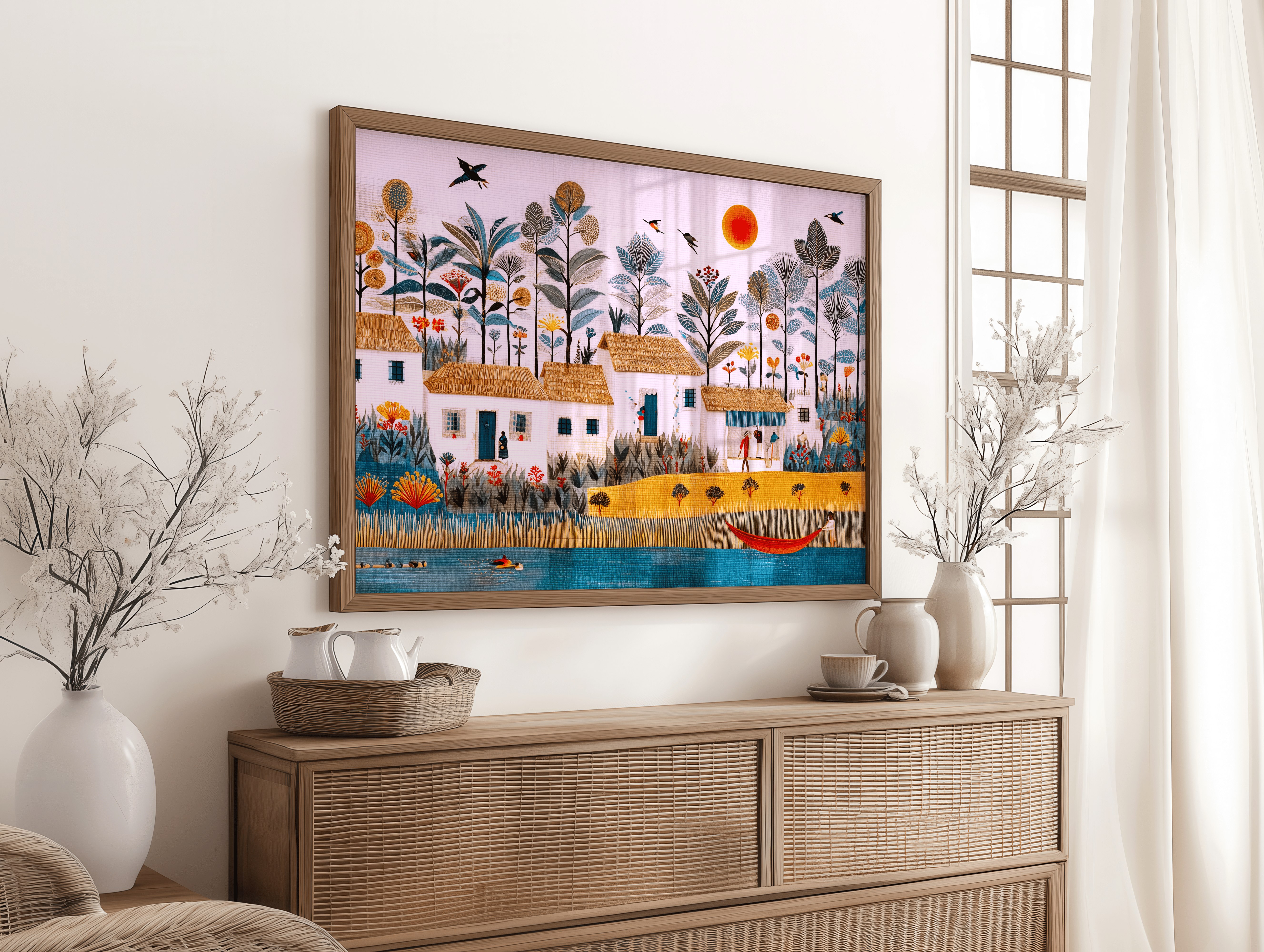 Tropical Village Life – Folk Art Canvas Wall Art