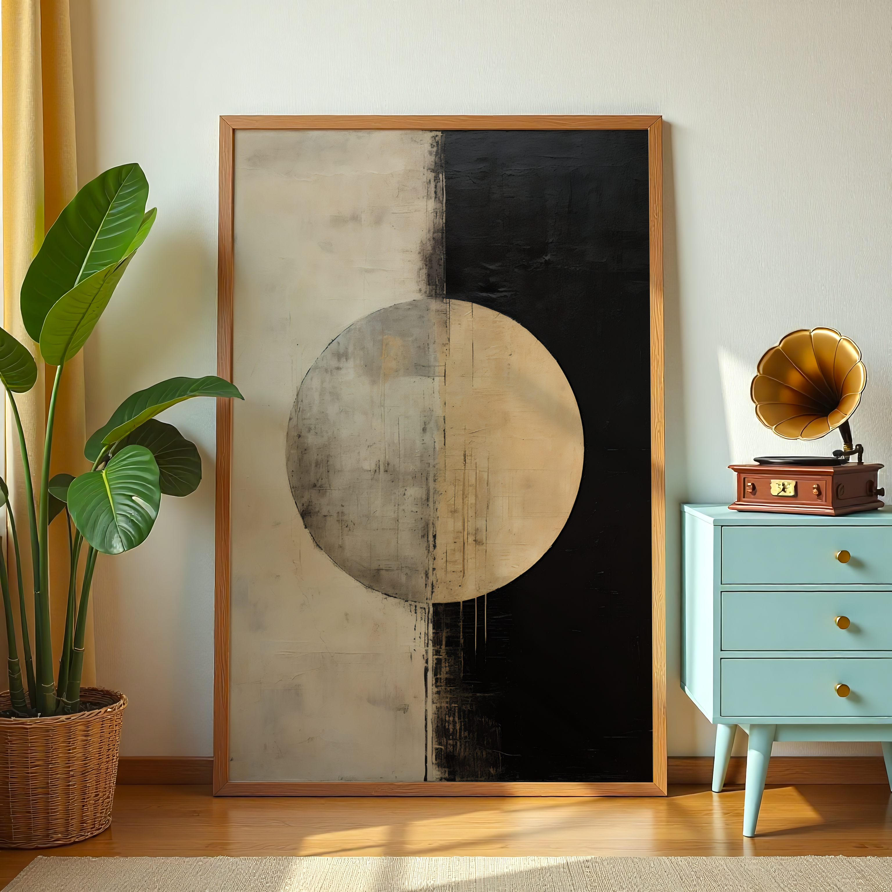 Modern abstract circular wall art in black and beige tones
