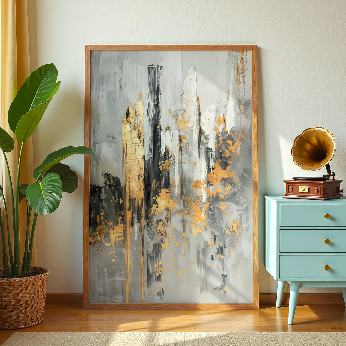 Modern abstract wall painting with gold accents on grey background