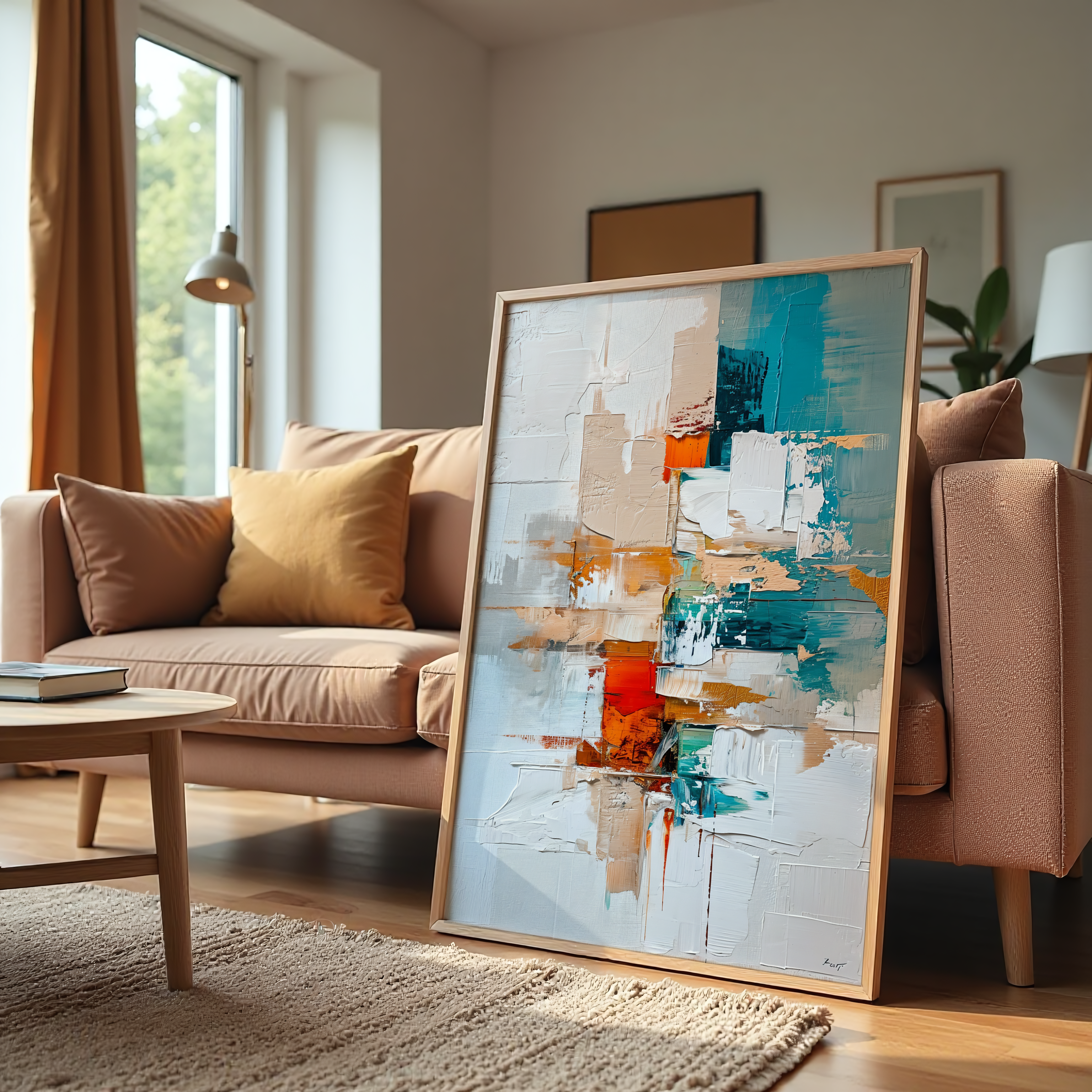 Modern abstract texture canvas wall art with teal and orange tones