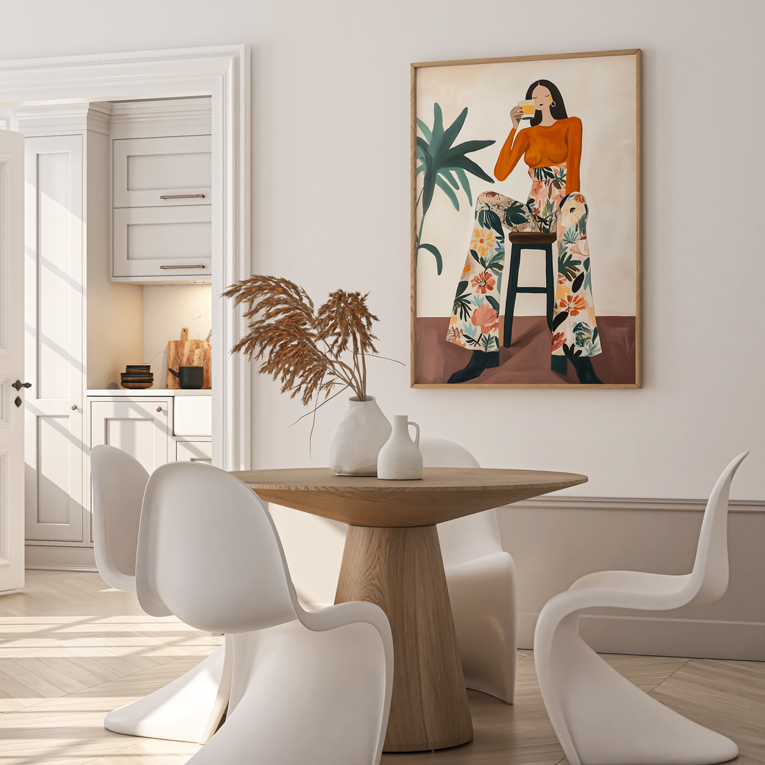 Modern abstract woman painting in floral pants holding coffee for home décor