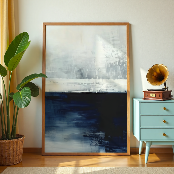 Modern abstract blue and white canvas painting with textured design