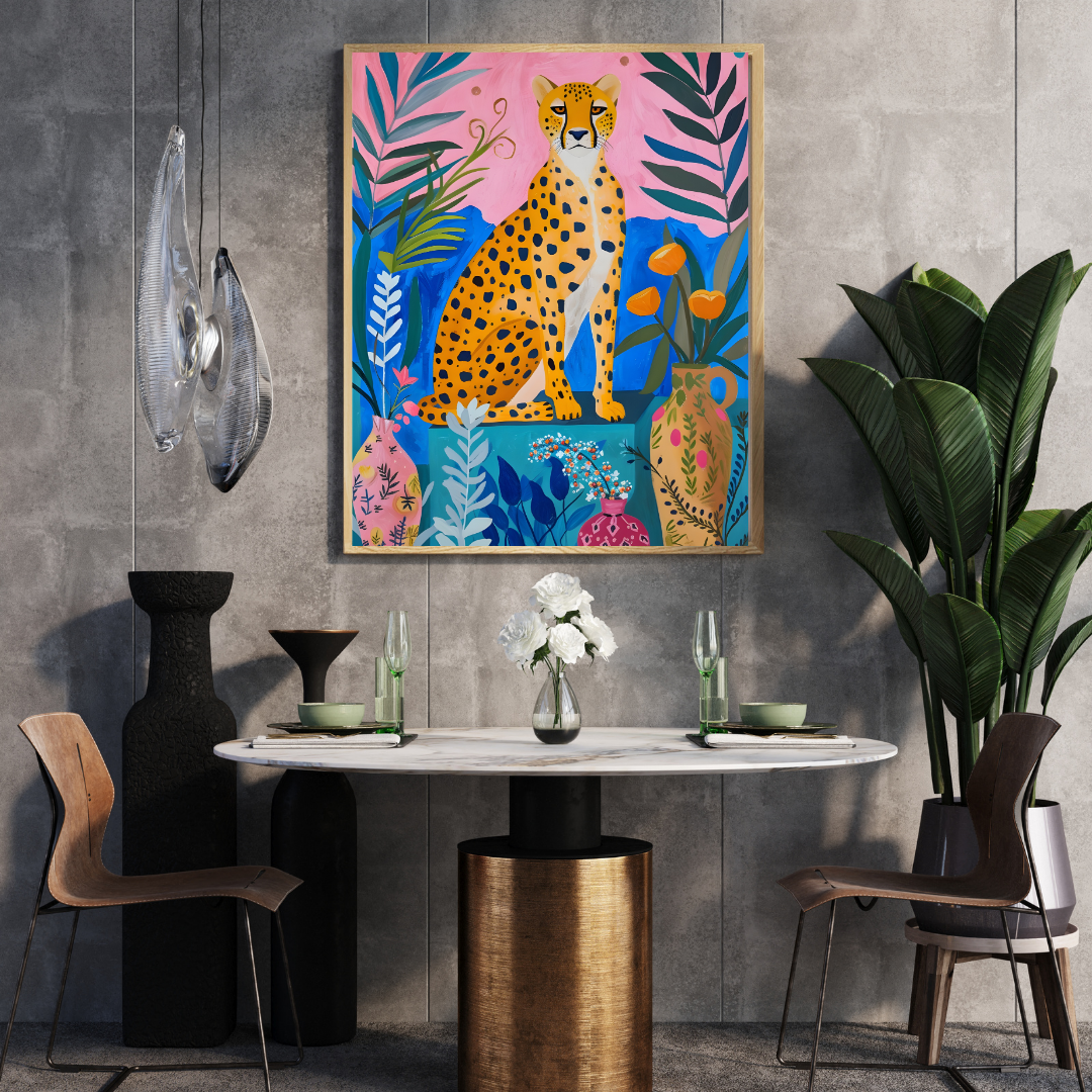 Hand-painted jungle cheetah surrounded by abstract botanicals and pottery