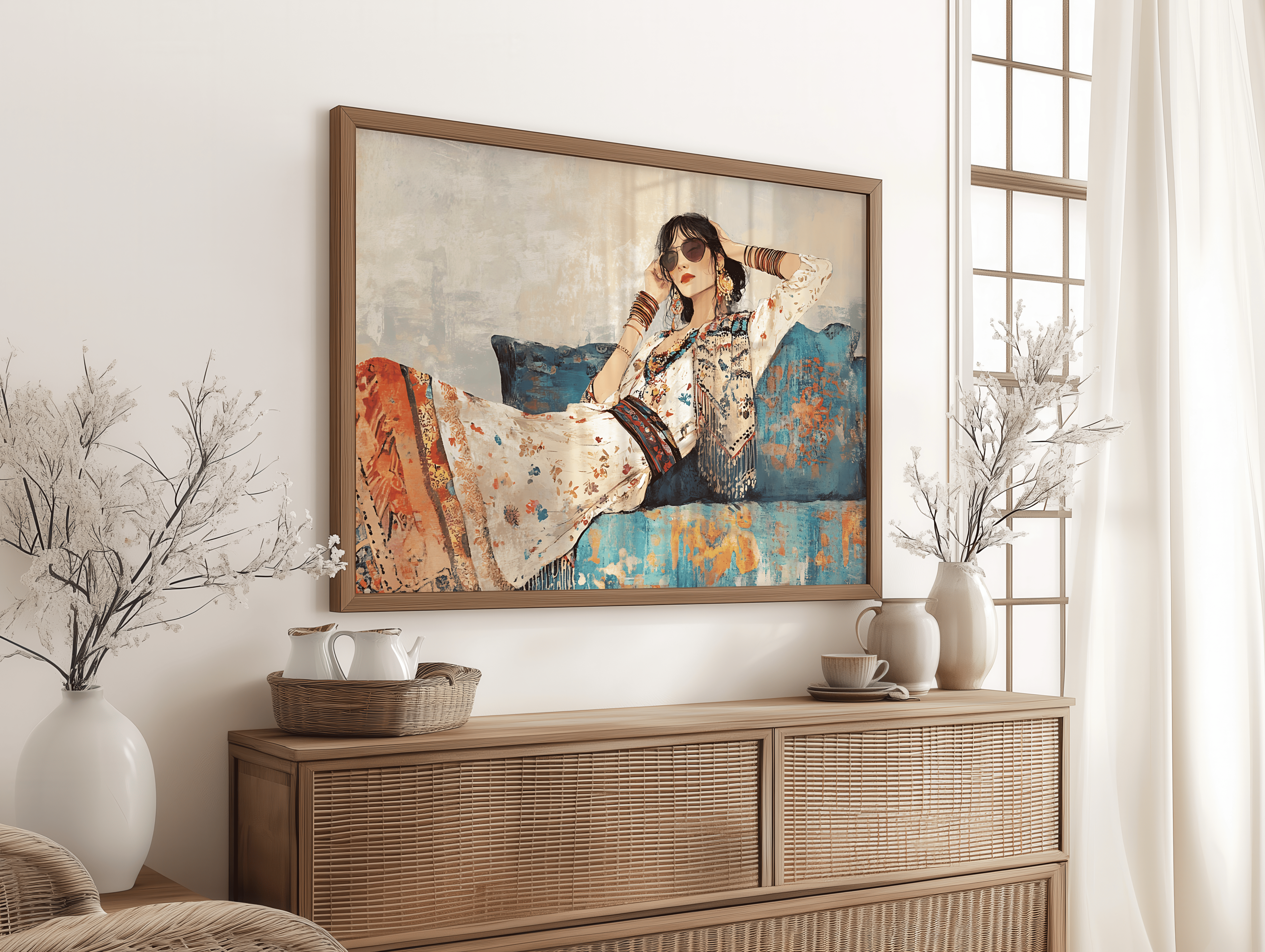 Stylish boho woman illustration for chic interiors