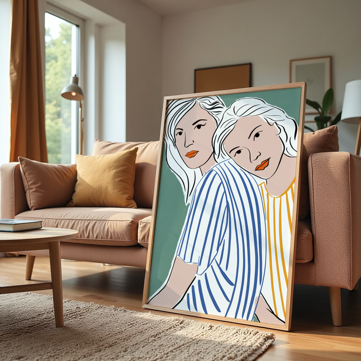 Modern boho illustration wall art featuring two women in minimal line style