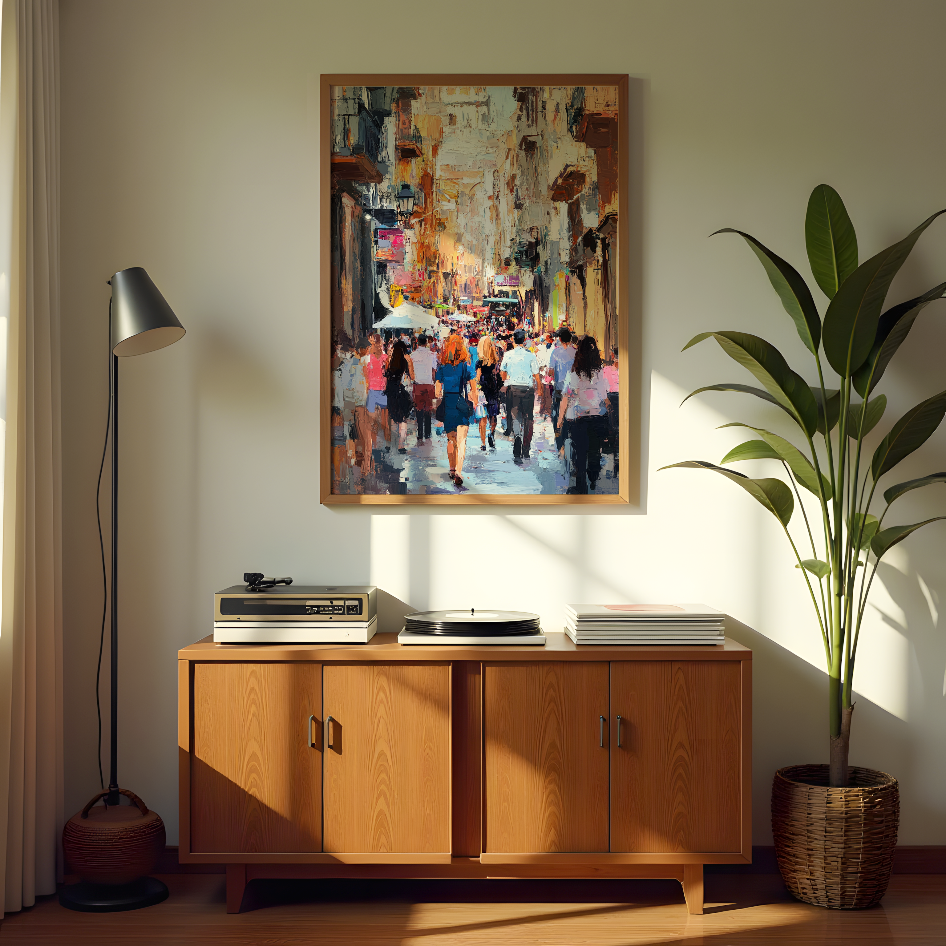 Colorful city crowd wall art in impressionist style