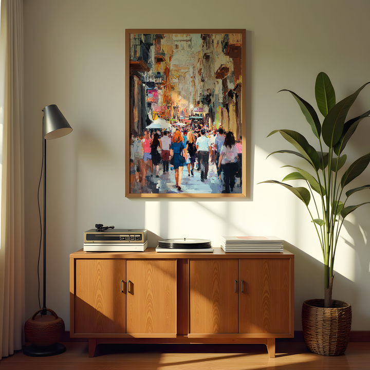 Colorful city crowd wall art in impressionist style
