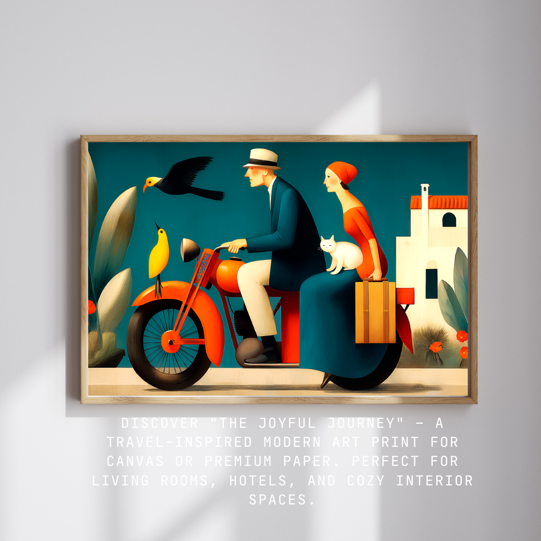 Whimsical digital artwork showing a serene journey scene, ideal for living room or hotel walls