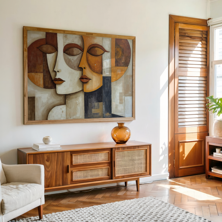 Modern cubist artwork featuring overlapping faces and geometric shapes