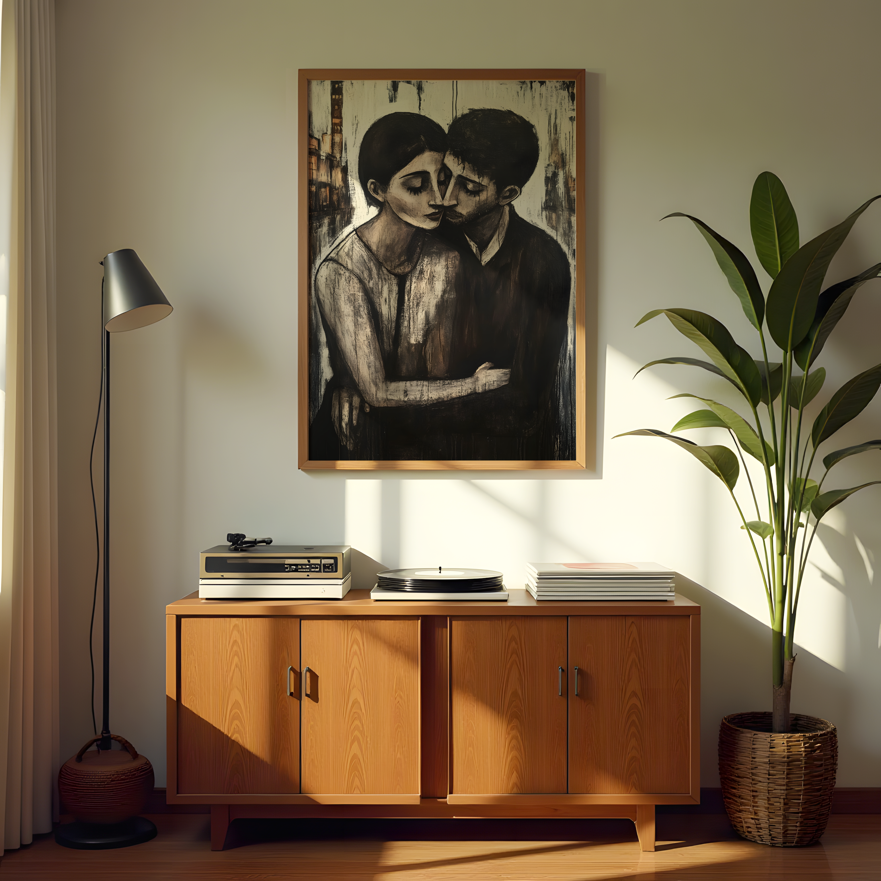 Modern emotional couple wall art for bedroom with monochrome neutral palette