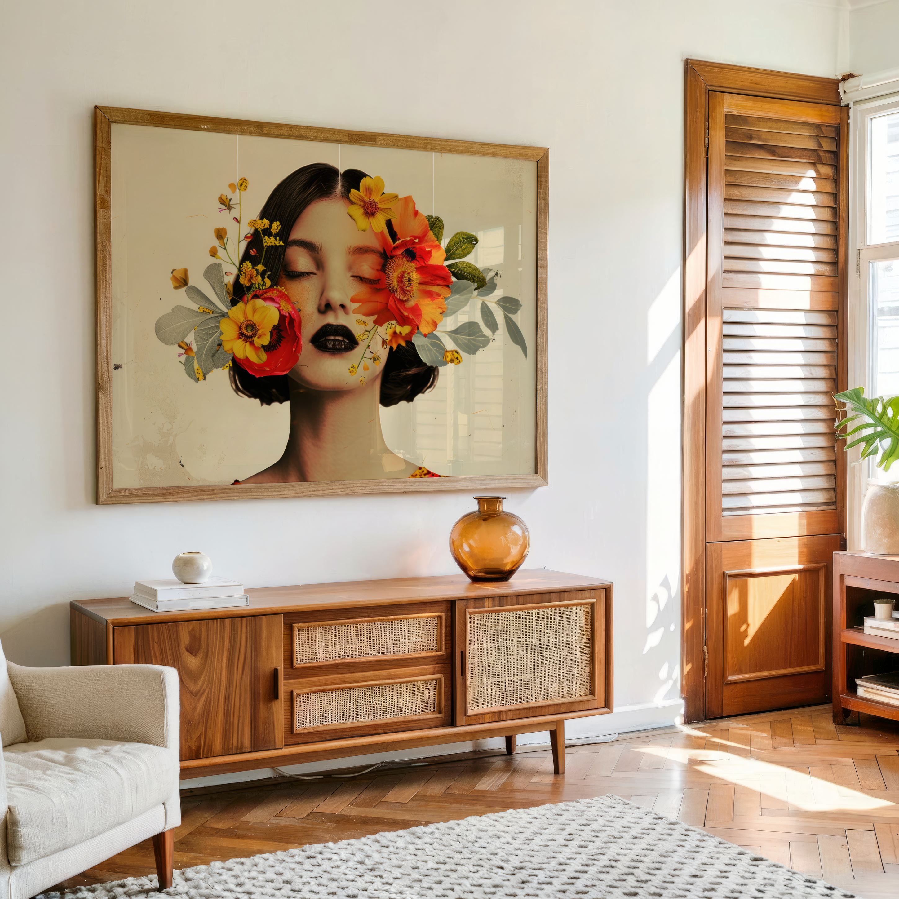 Canvas wall art of woman with flowers and leaves in a vintage collage portrait