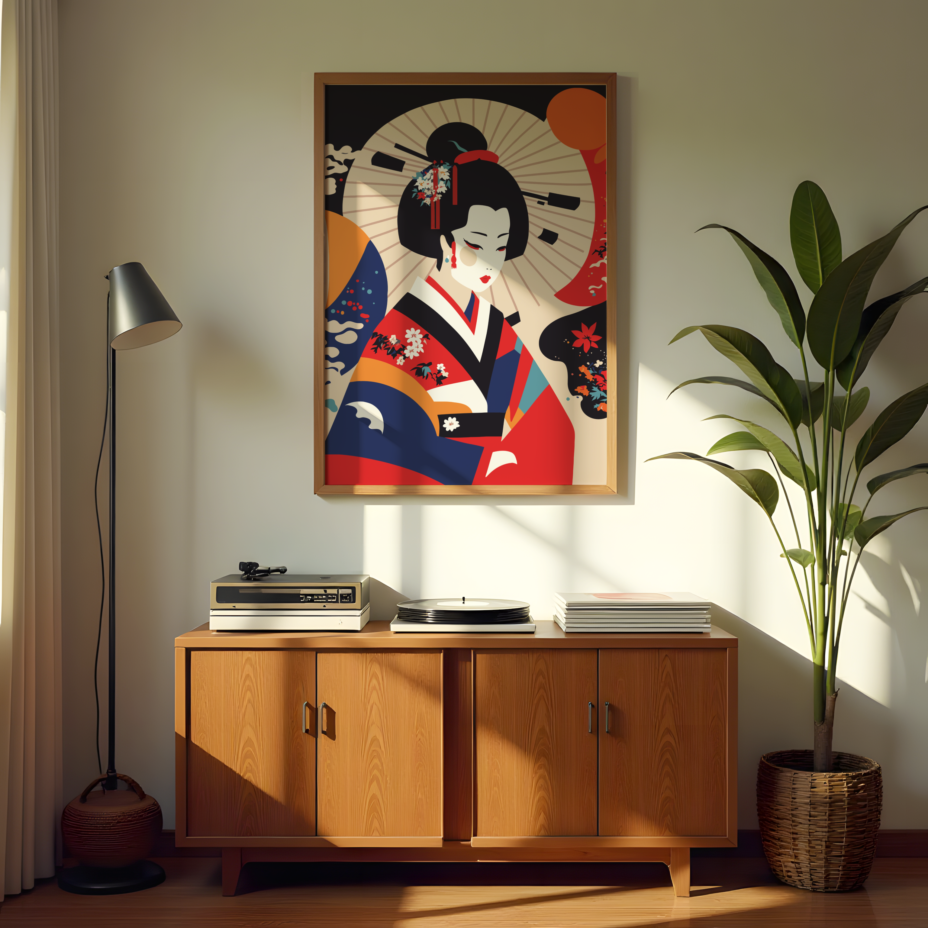Modern geisha kimono Asian wall decor illustration in red blue tones