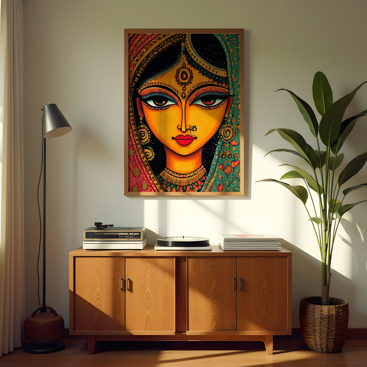 Modern Madhubani inspired Indian folk wall art canvas for home and hotel
