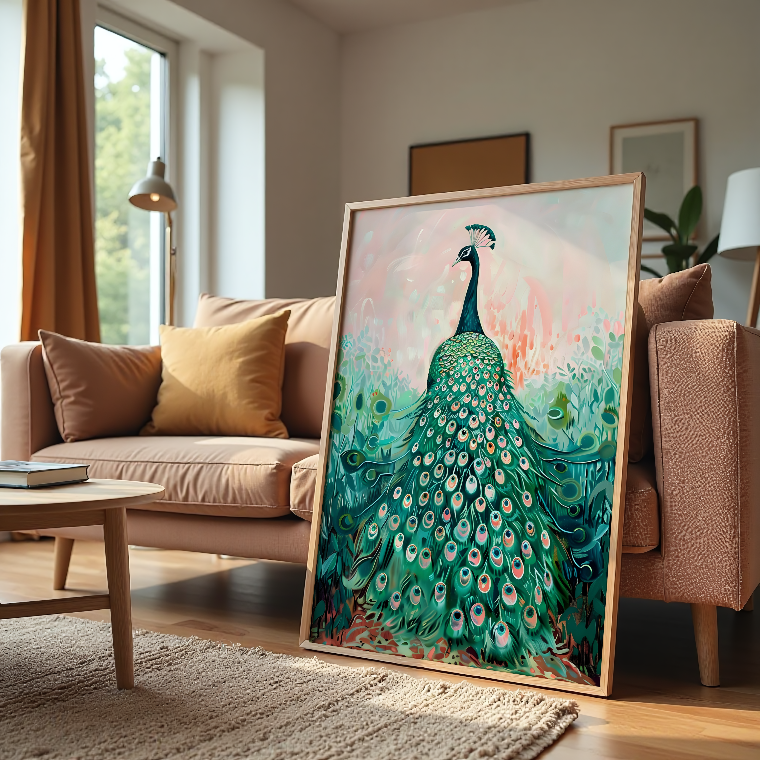 Modern peacock bird wall decor canvas with green feathers and elegant design