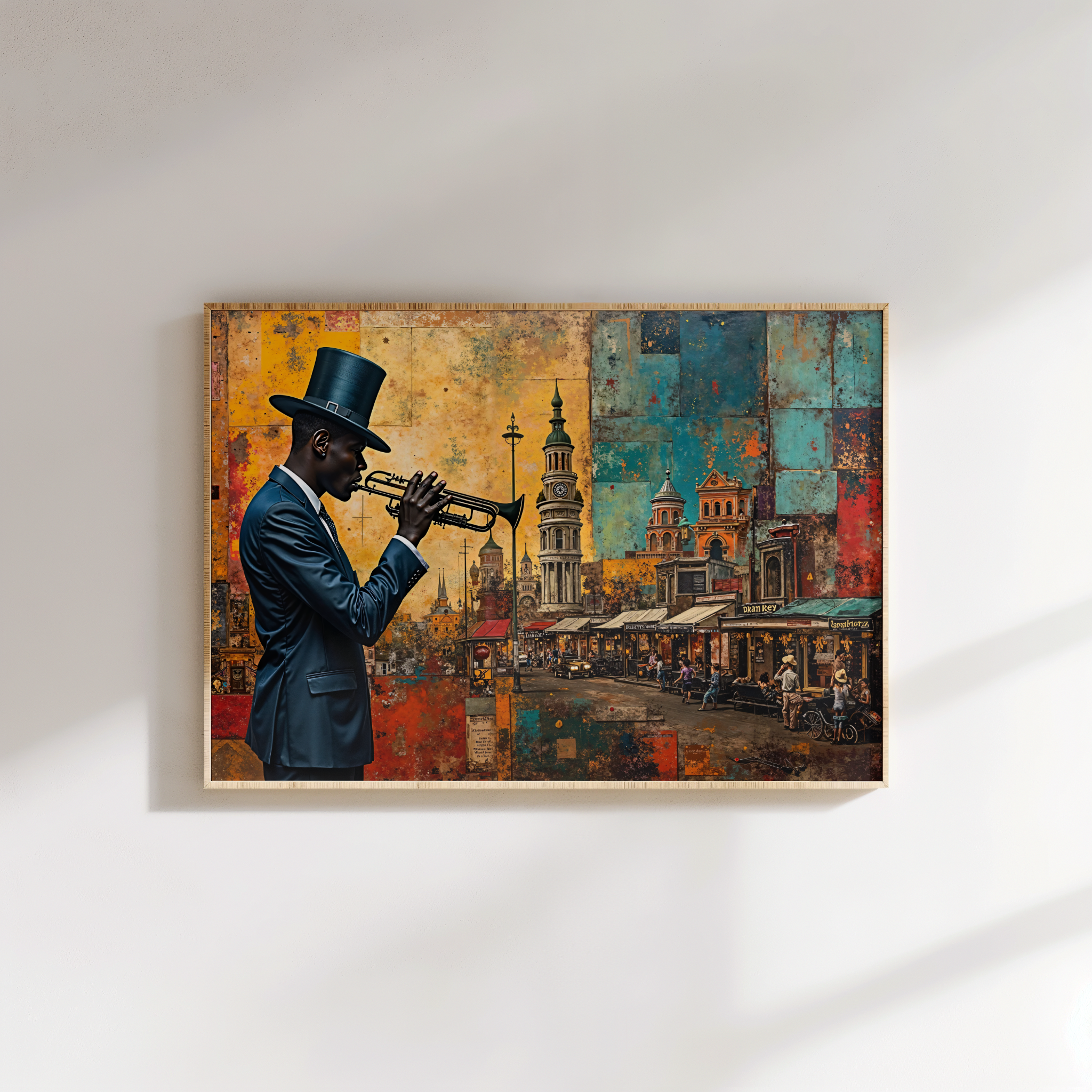 Framed artwork of a man playing a trumpet against a cityscape background on a white wall.