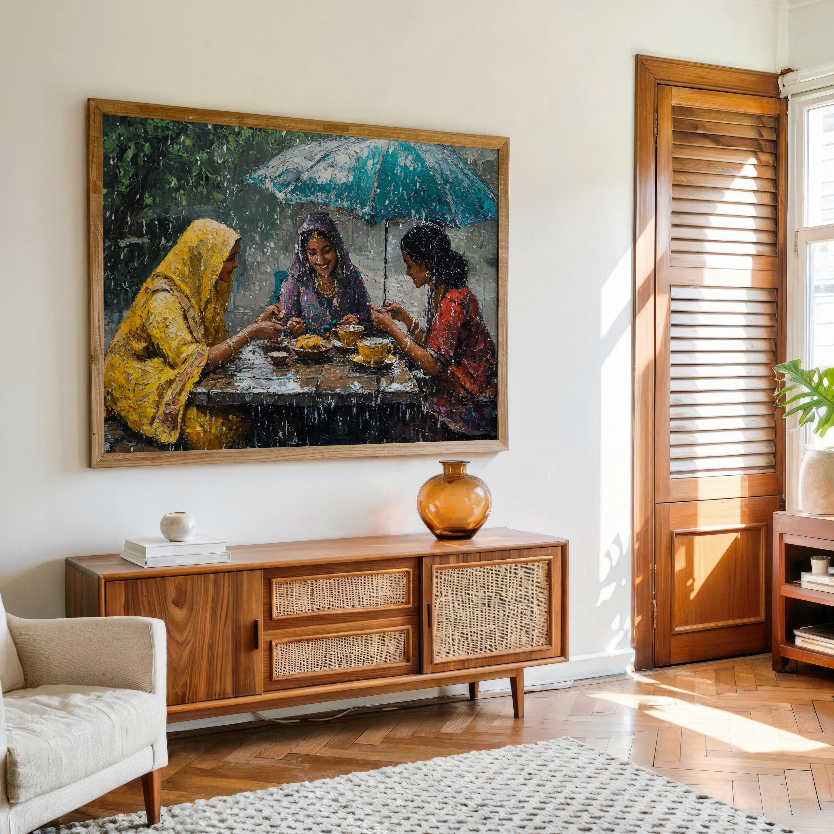Three women sharing tea under an umbrella in the rain – monsoon scene cultural canvas wall art