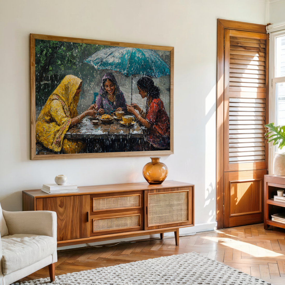 Three women sharing tea under an umbrella in the rain – monsoon scene cultural canvas wall art