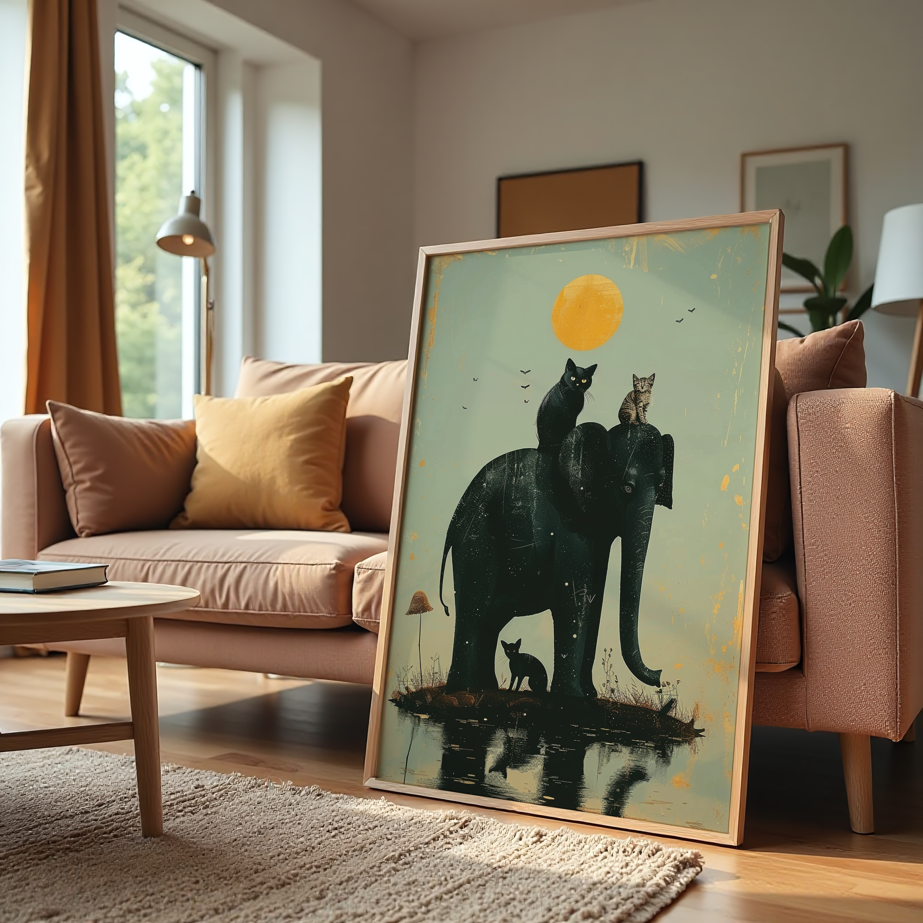 Moonlight animal painting with elephant and cats
