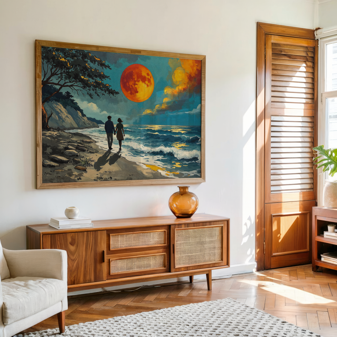 Romantic couple walking on a moonlit beach canvas wall art