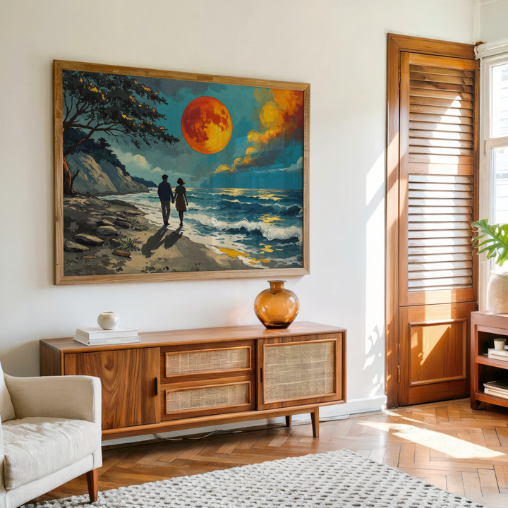 Romantic couple walking on a moonlit beach canvas wall art