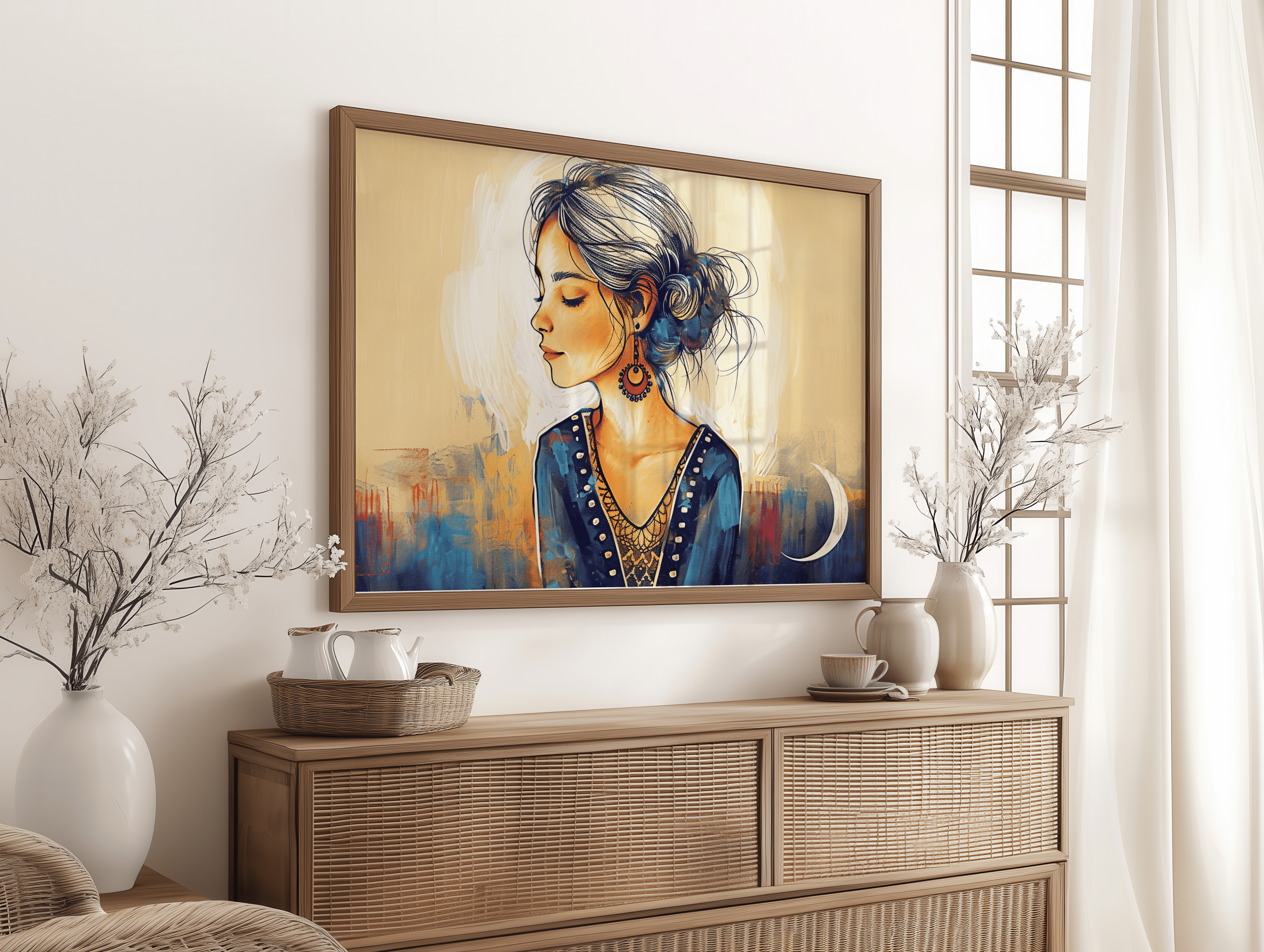Modern boho portrait artwork in beige and blue tones for bedroom wall décor