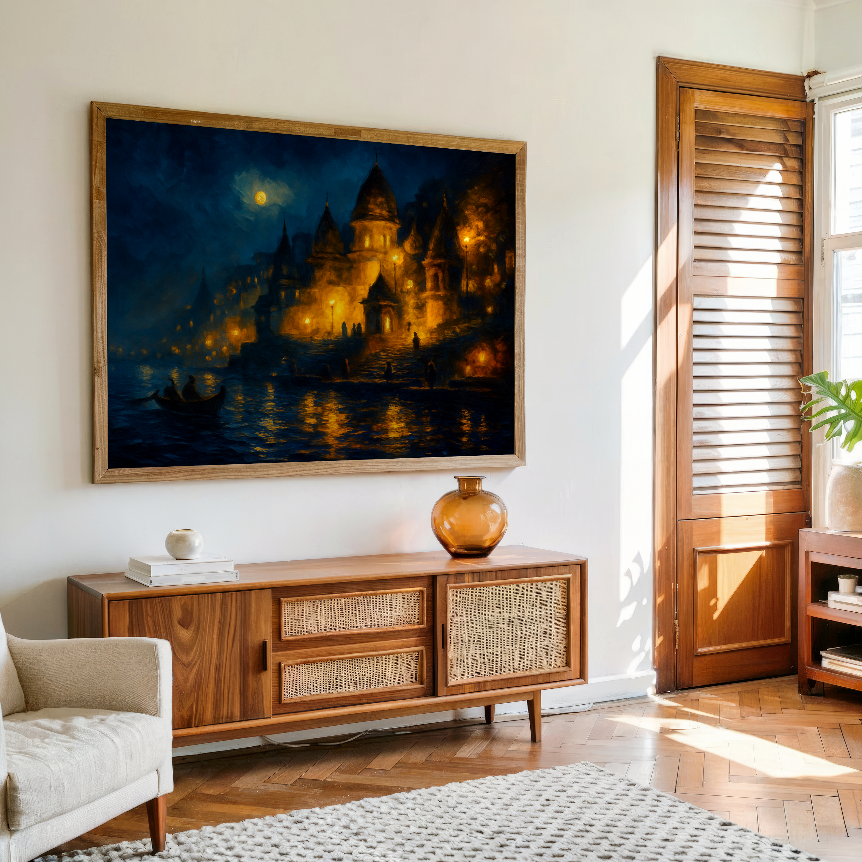 Canvas wall art of Varanasi Ghat glowing at night under full moon with reflections in the Ganges