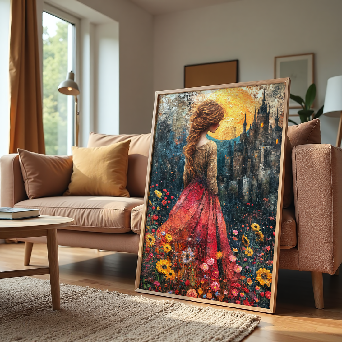 Moonlit dream girl wall art featuring a romantic fantasy scene with glowing moon