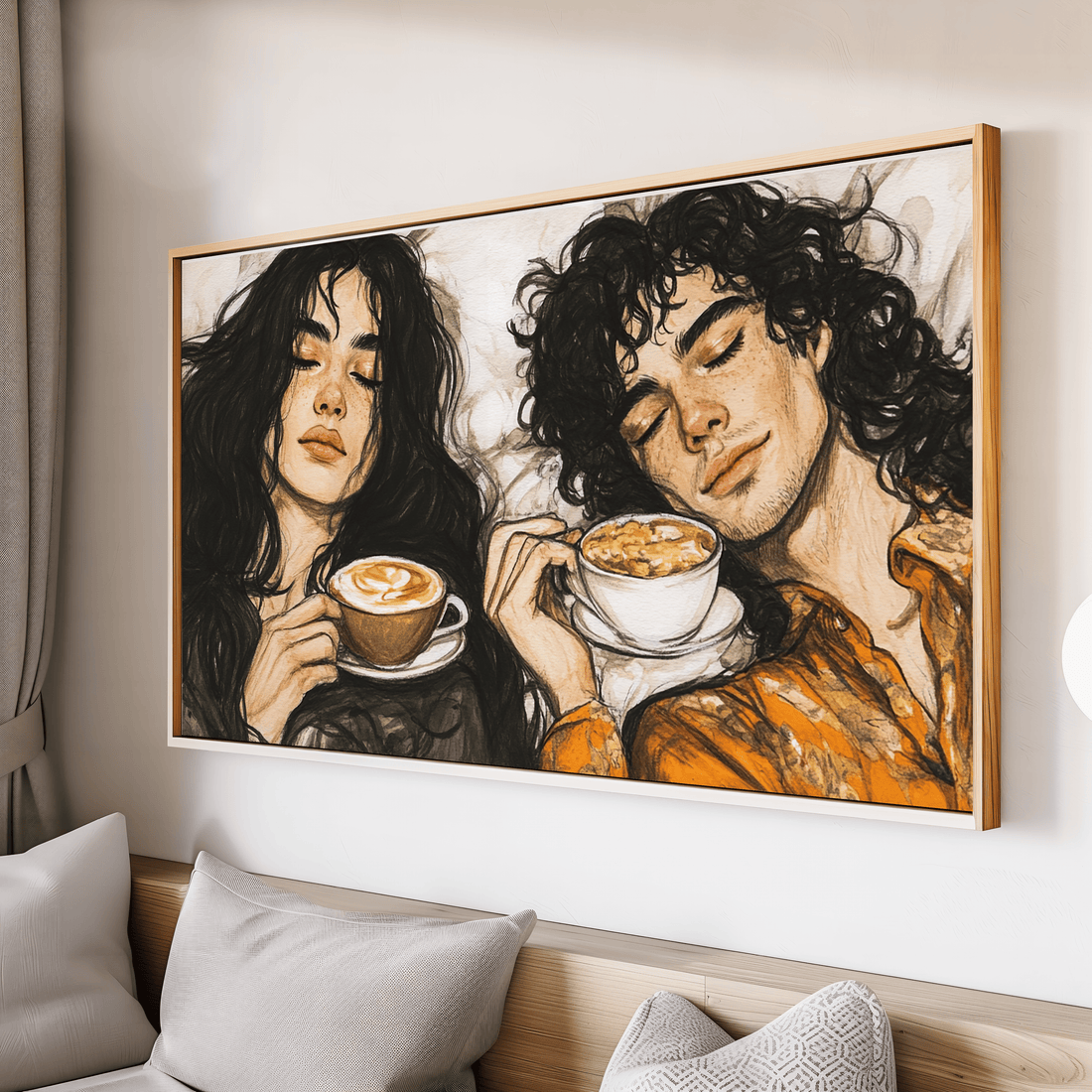 Romantic couple enjoying morning coffee together in cozy watercolor style canvas wall art