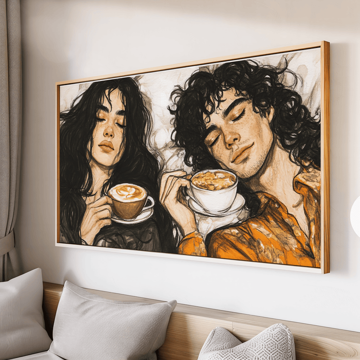Romantic couple enjoying morning coffee together in cozy watercolor style canvas wall art