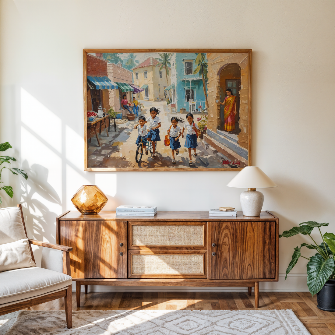 Nostalgic village scene wall art with kids and mother – handmade look