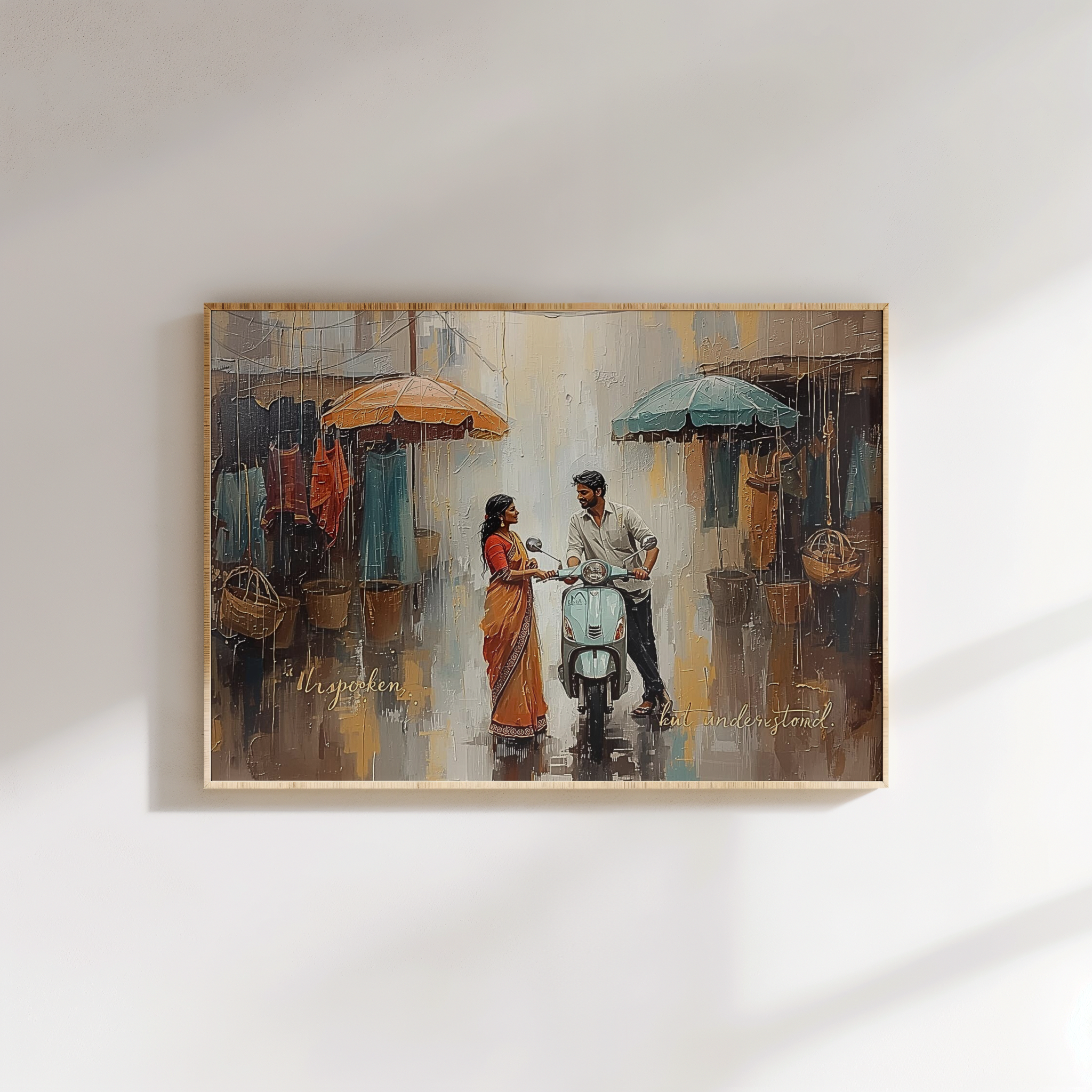 Indian couple sharing tea after rain, romantic digital painting printed on waterproof canvas, cozy emotional wall art for bedroom or living room.