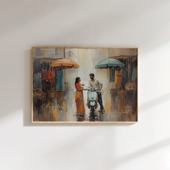 Indian couple sharing tea after rain, romantic digital painting printed on waterproof canvas, cozy emotional wall art for bedroom or living room.