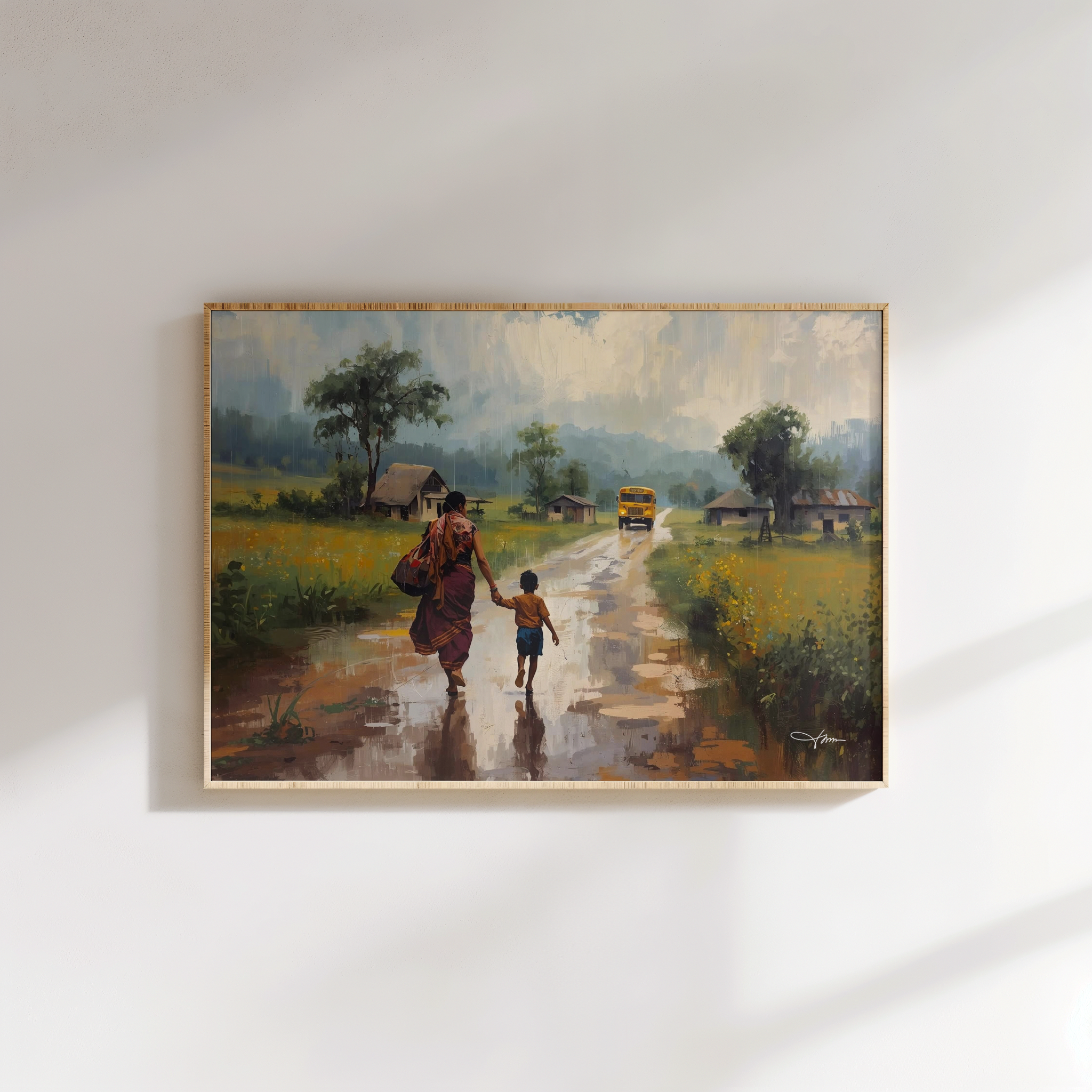 Emotional mother and child painting – Indian village life scene