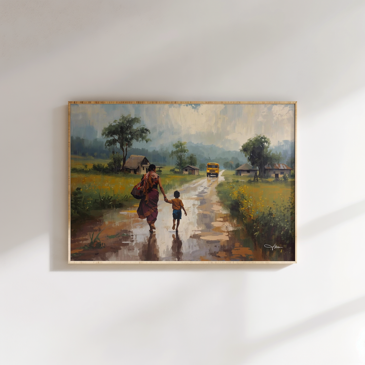 Emotional mother and child painting – Indian village life scene