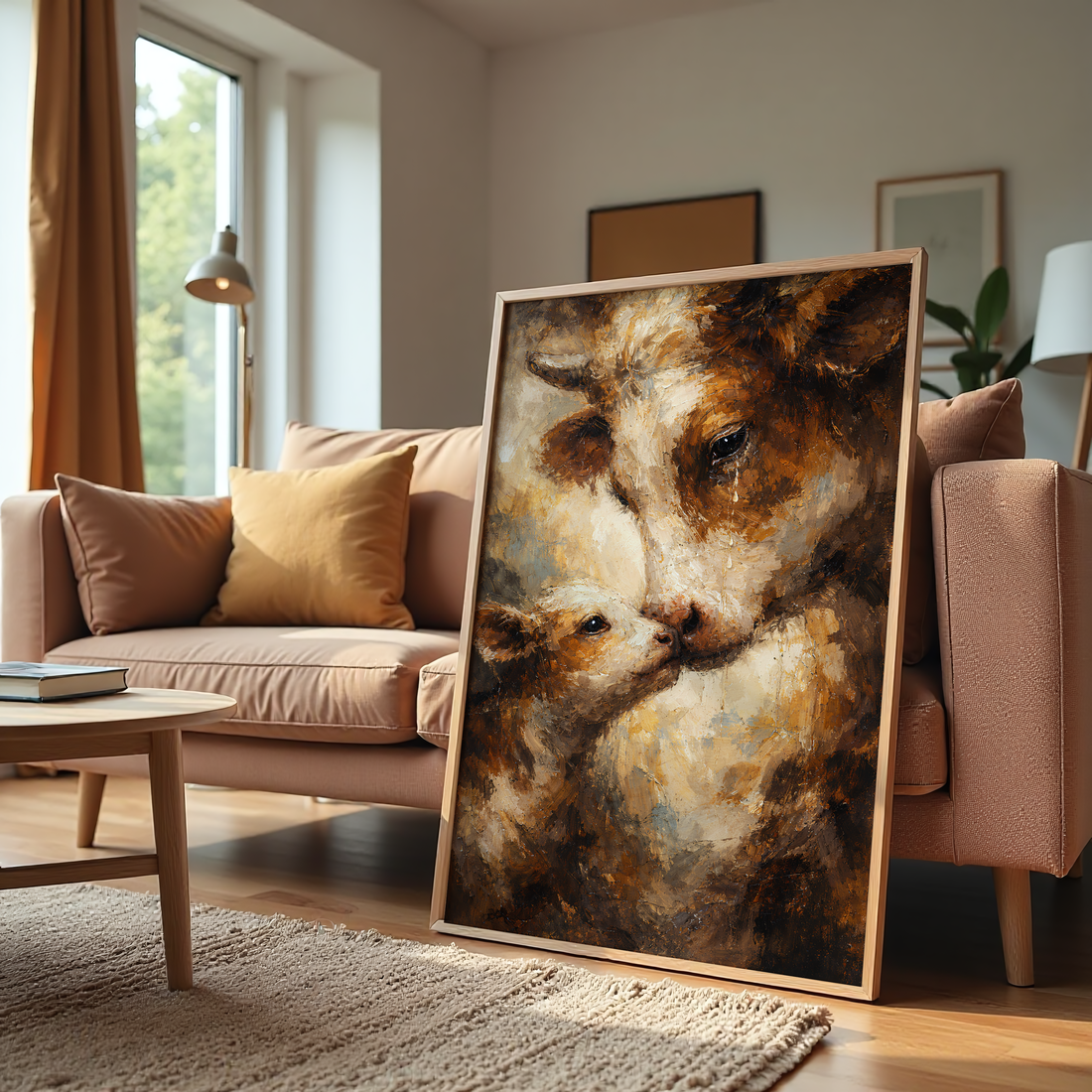 Emotional mother cow and calf canvas wall art symbolizing love and protection