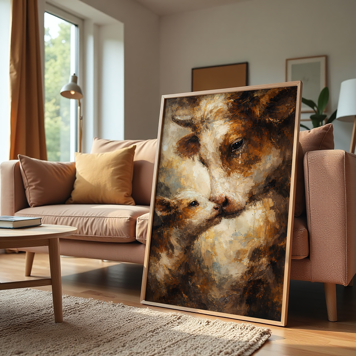 Emotional mother cow and calf canvas wall art symbolizing love and protection