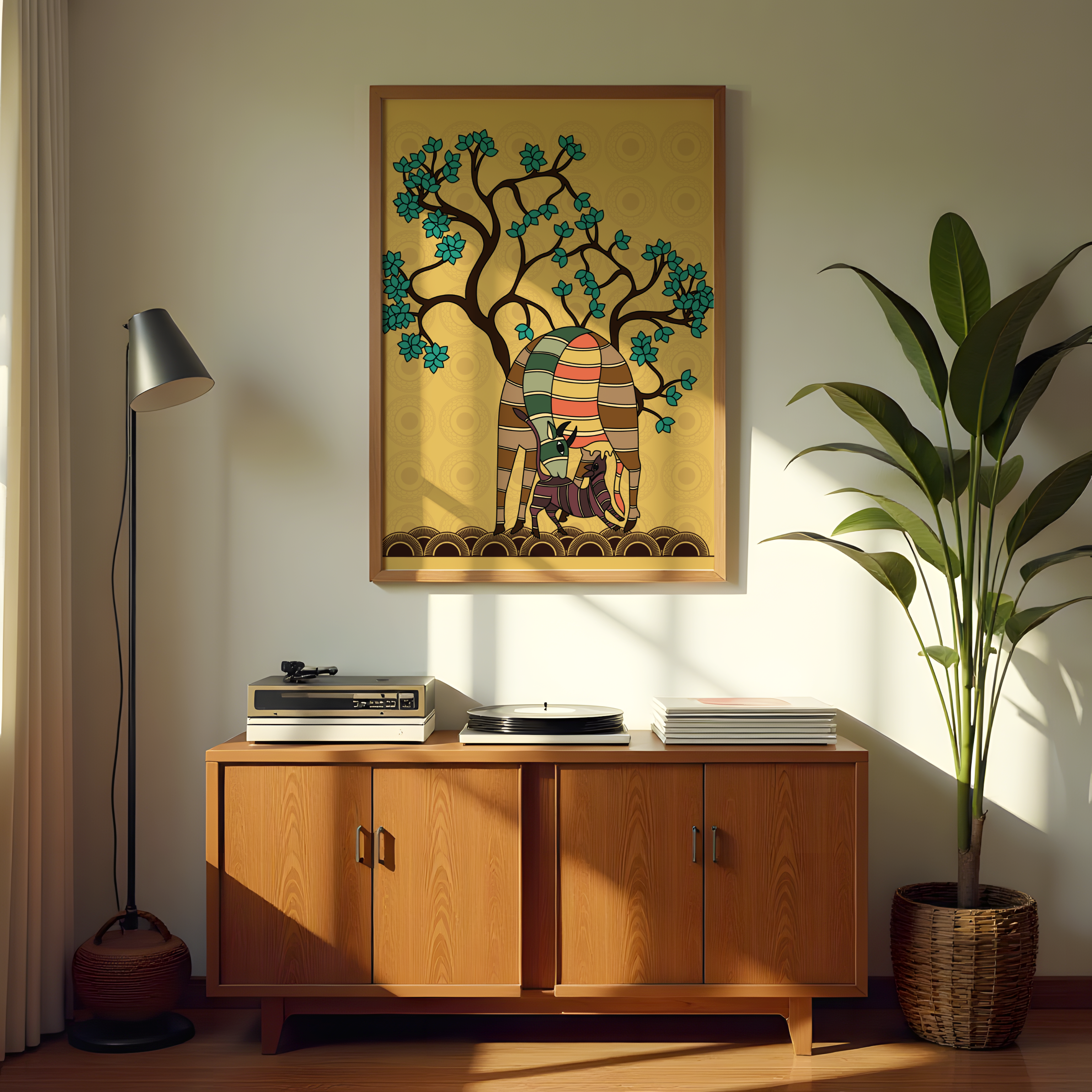 Mother cow and calf folk art canvas wall painting for living room and hotel décor