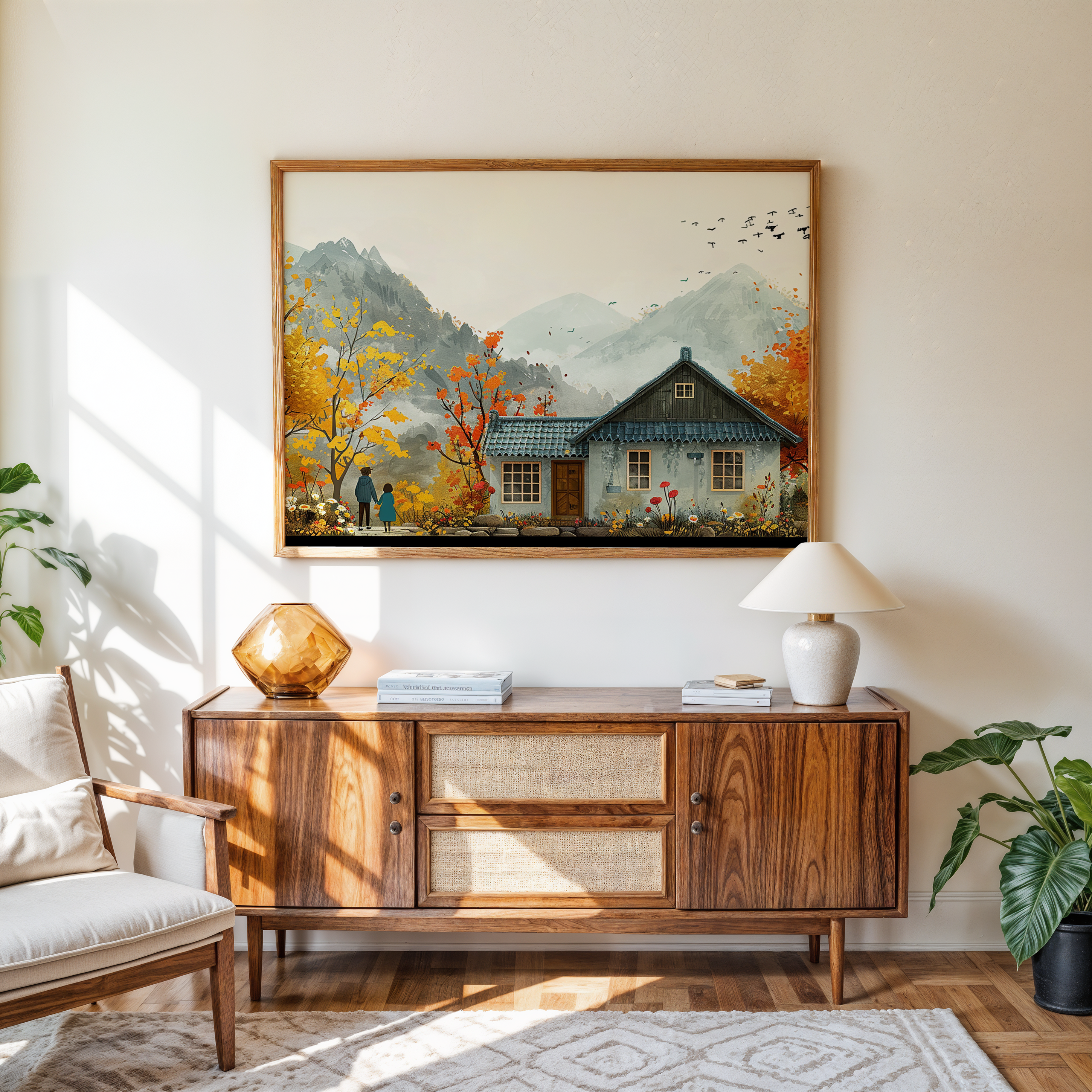 Framed autumn mountain house canvas wall art with warm landscape design