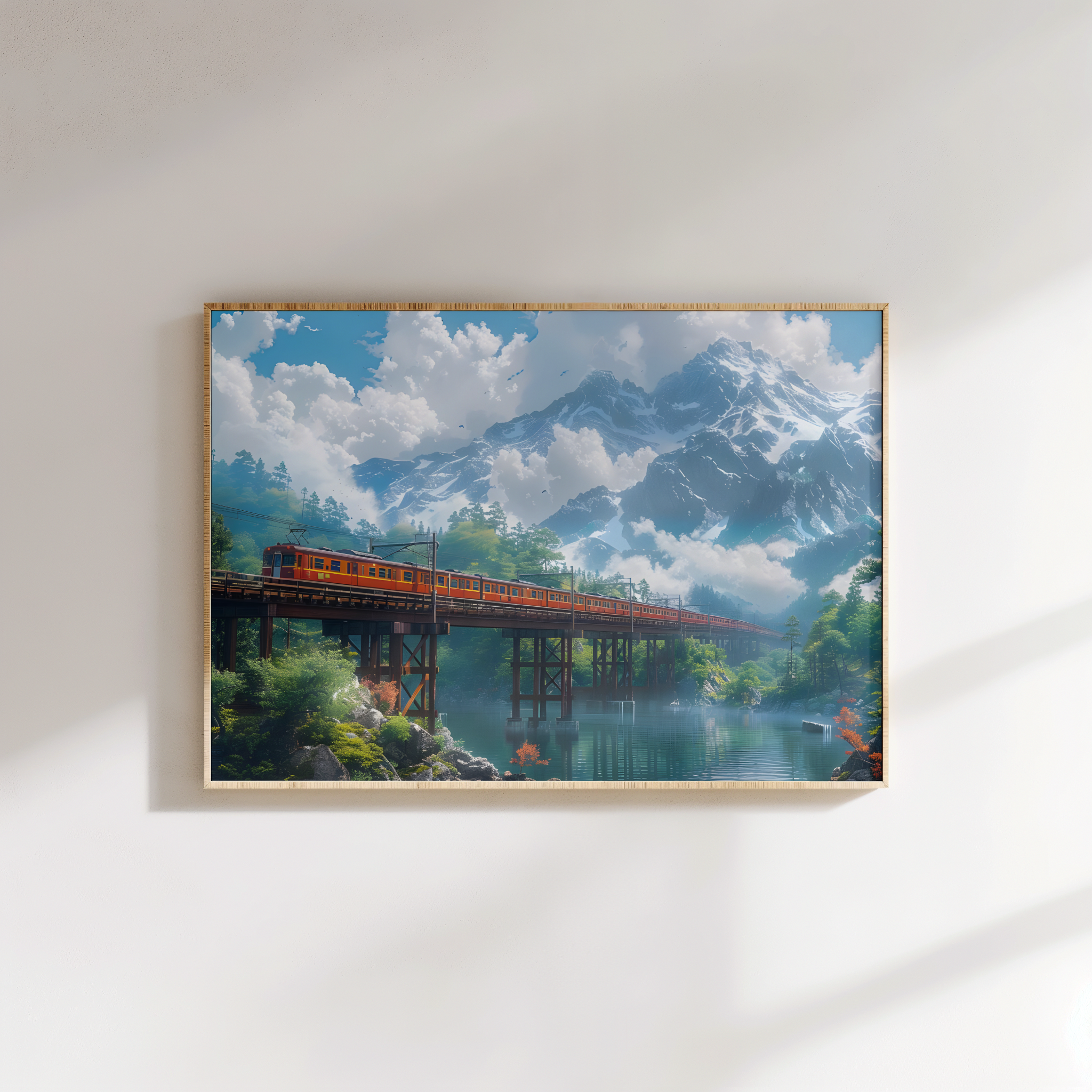 Scenic train painting with river, bridge, and forest landscape