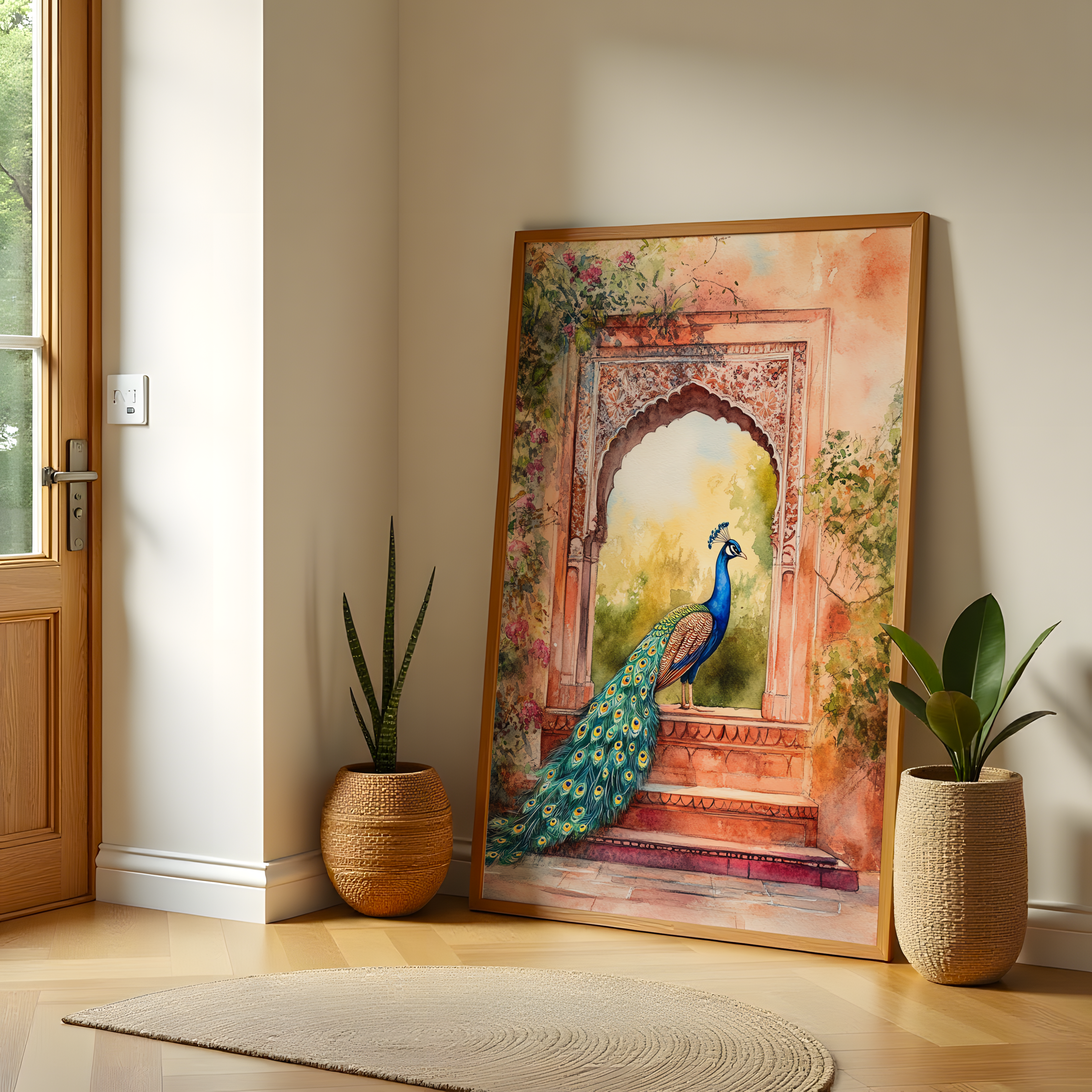 Mughal arch peacock canvas painting – traditional Indian architecture art