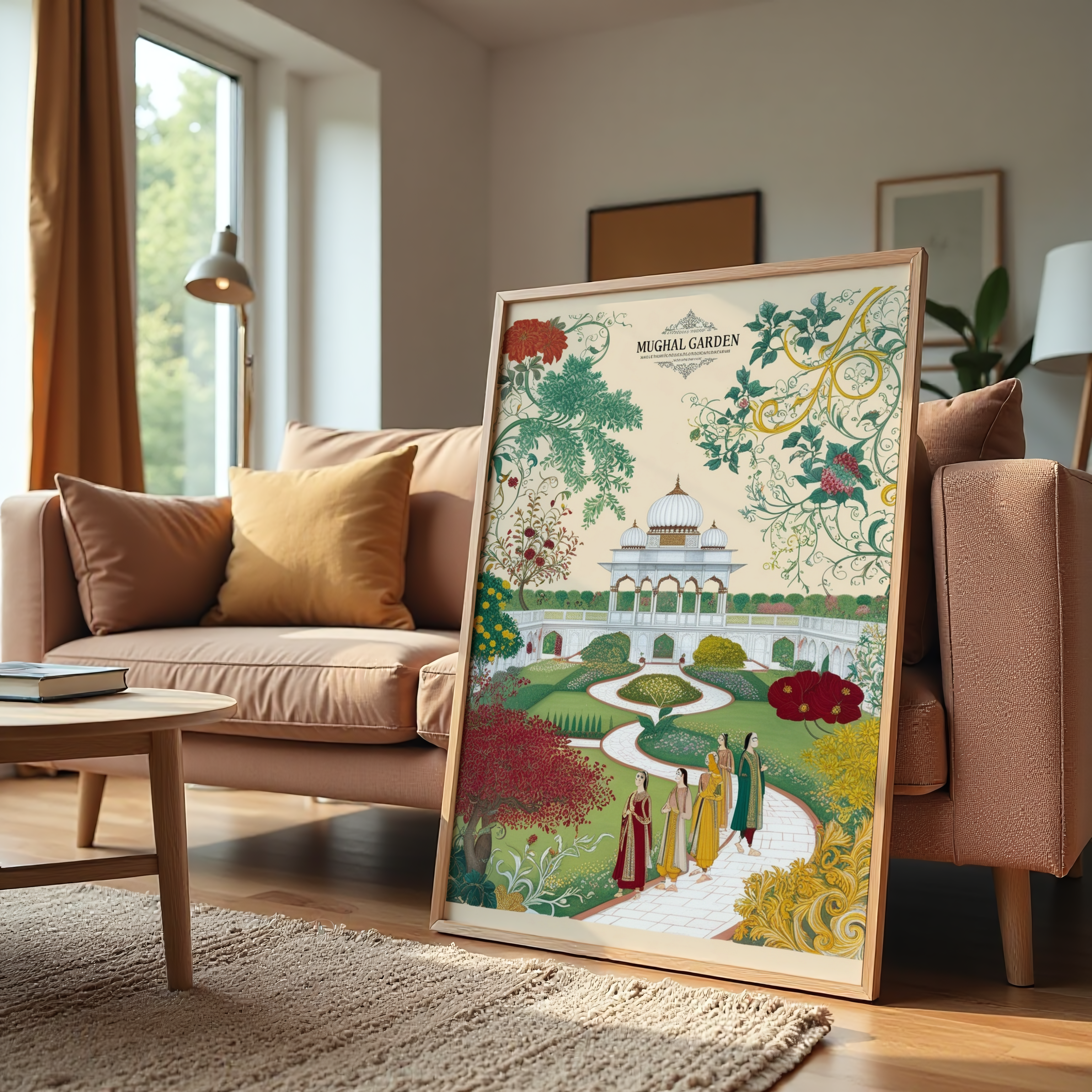 Mughal garden painting with royal pavilion and women walking through lush floral pathways