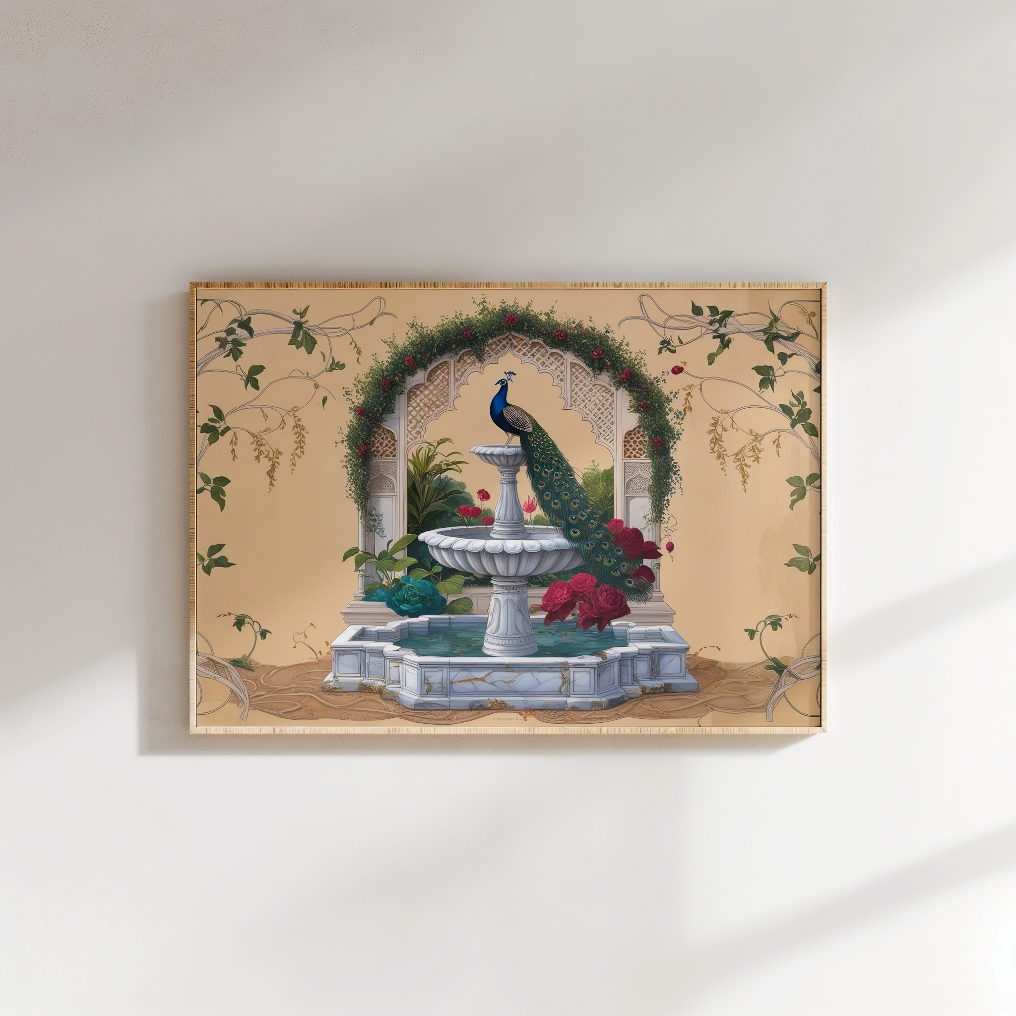 Elegant peacock artwork in traditional Mughal garden setting