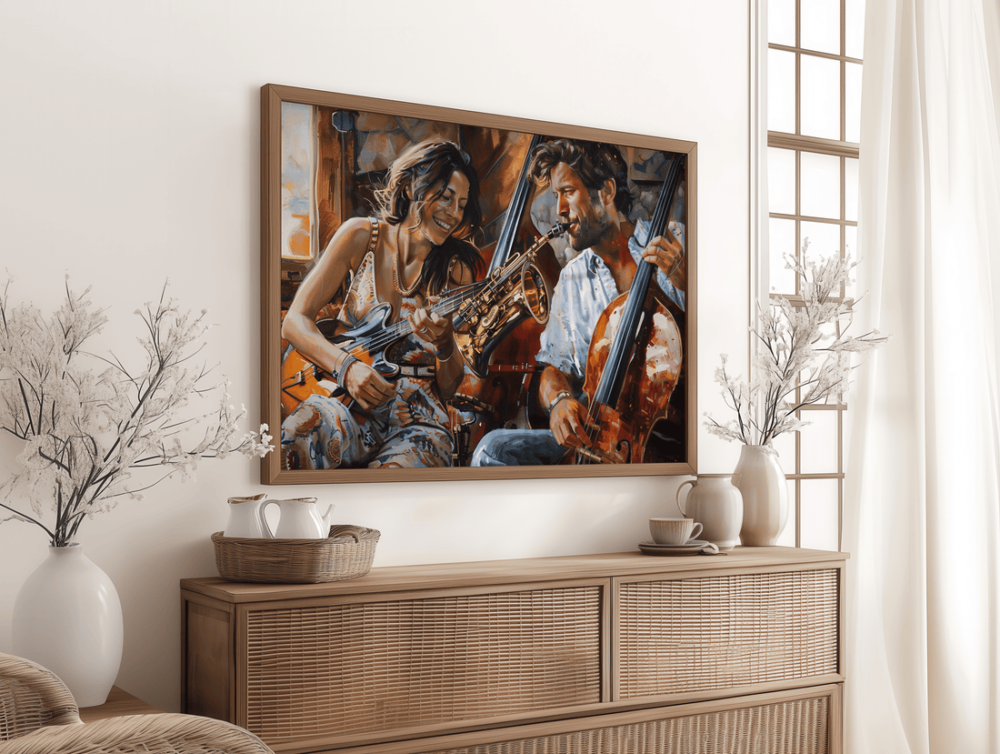 Couple playing guitar and cello during a warm musical jam session painting
