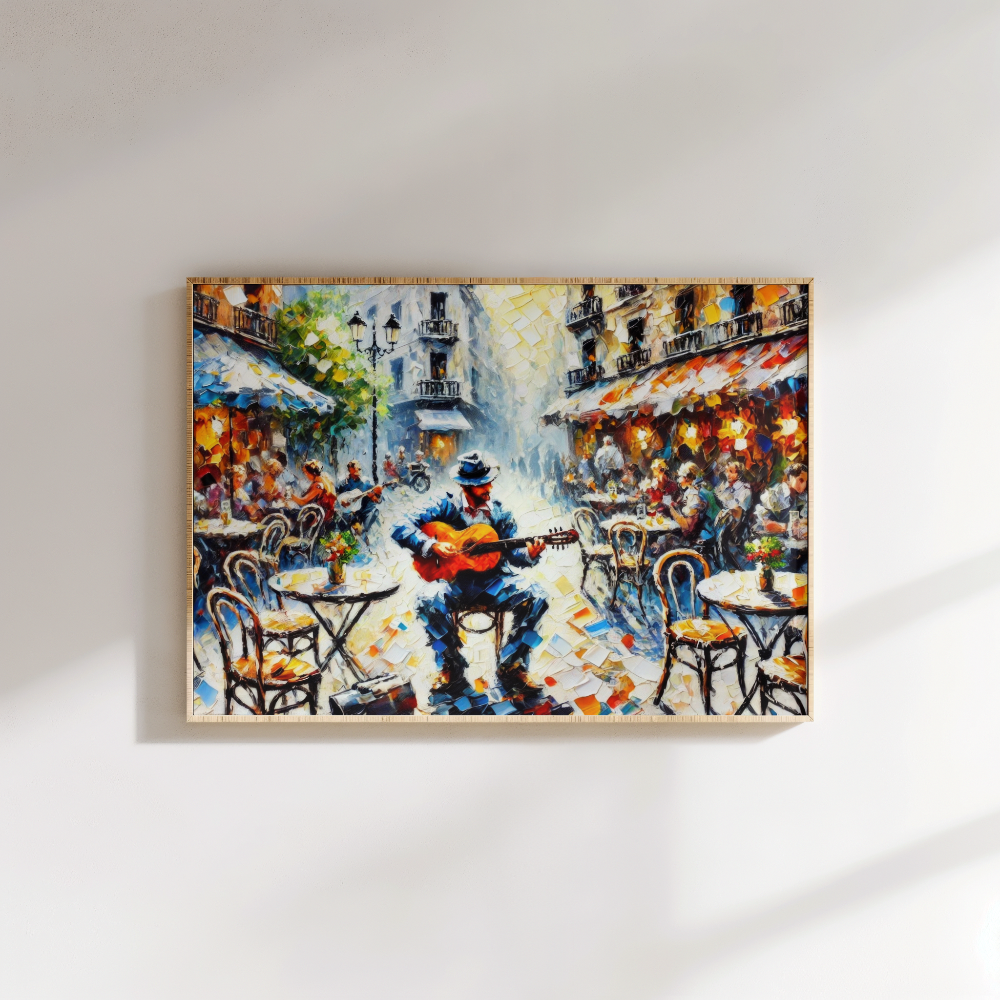 Vibrant city café scene with guitarist performing – modern canvas painting for home or café walls.