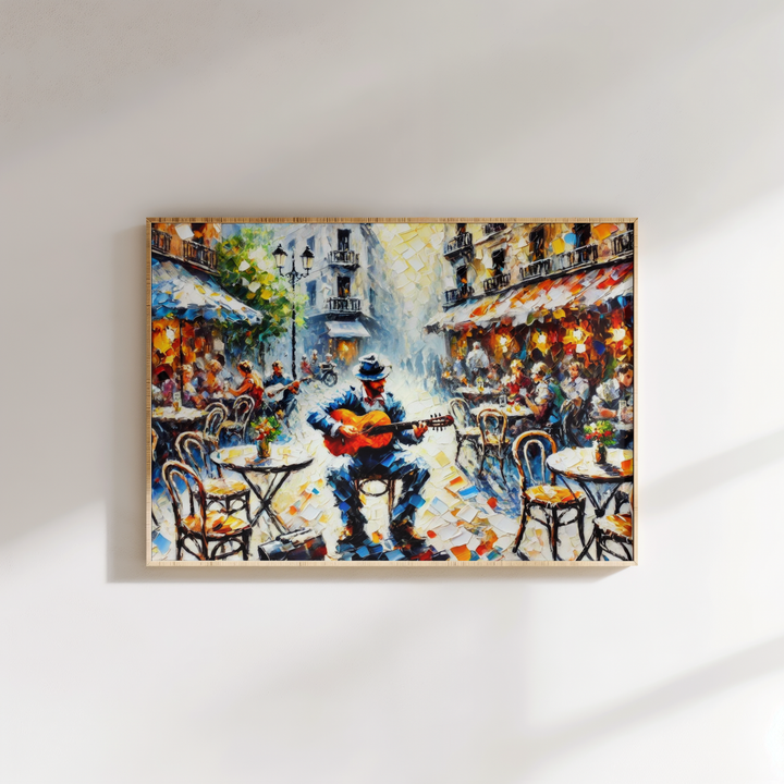 Vibrant city café scene with guitarist performing – modern canvas painting for home or café walls.