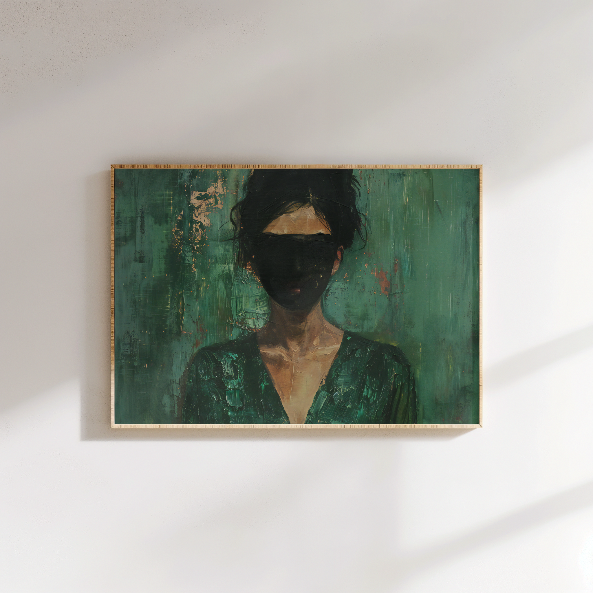 Mysterious abstract woman painting with textured brush strokes and green background